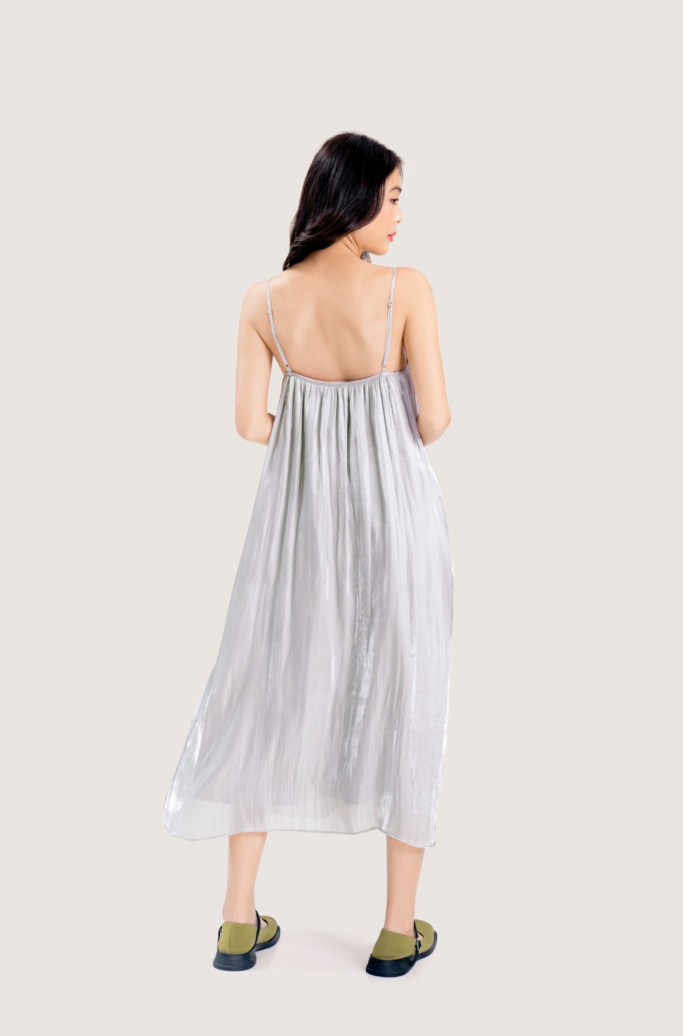  Silver Flowy Organza Strappy Midi Dress 