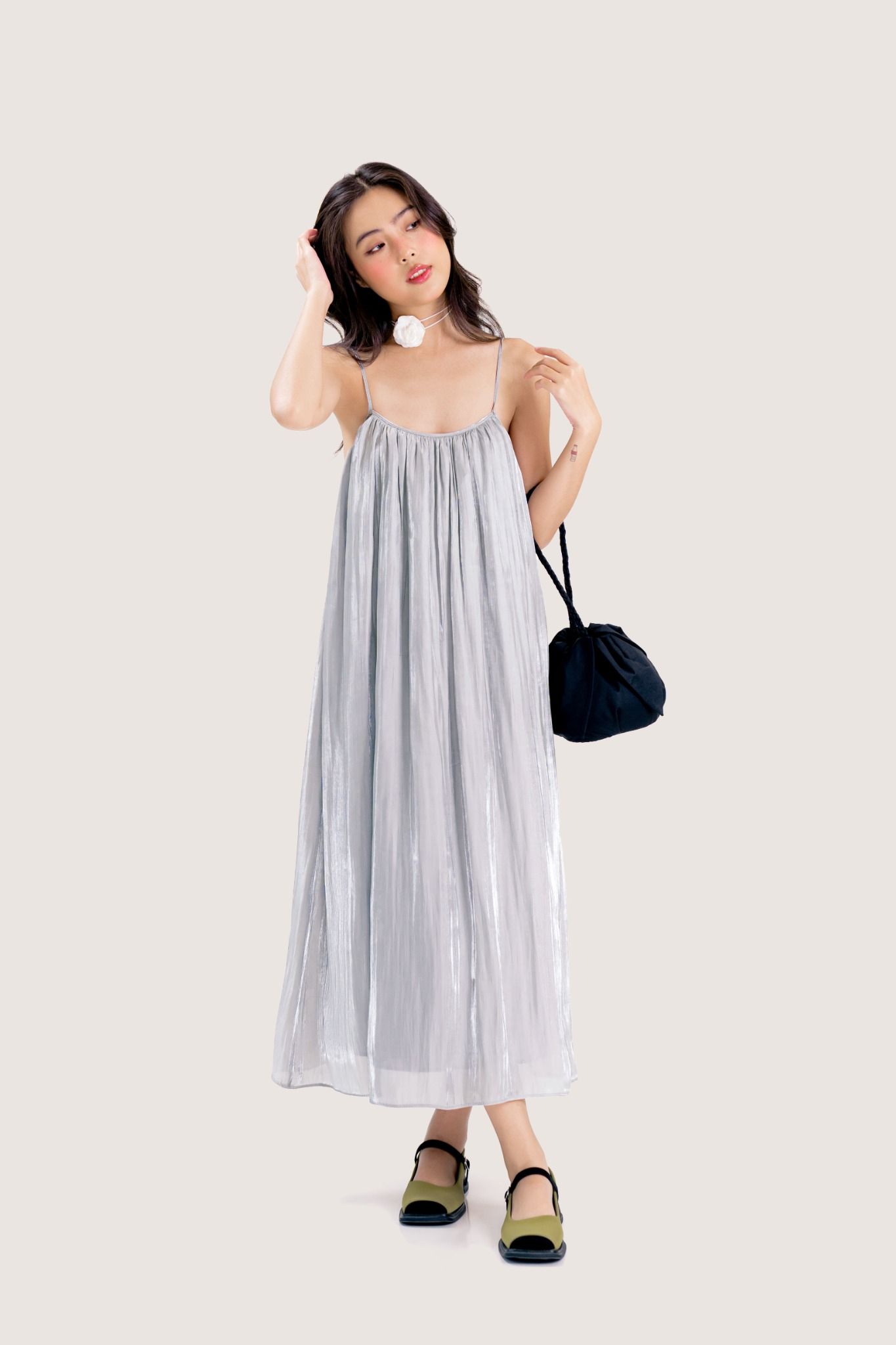  Silver Flowy Organza Strappy Midi Dress 