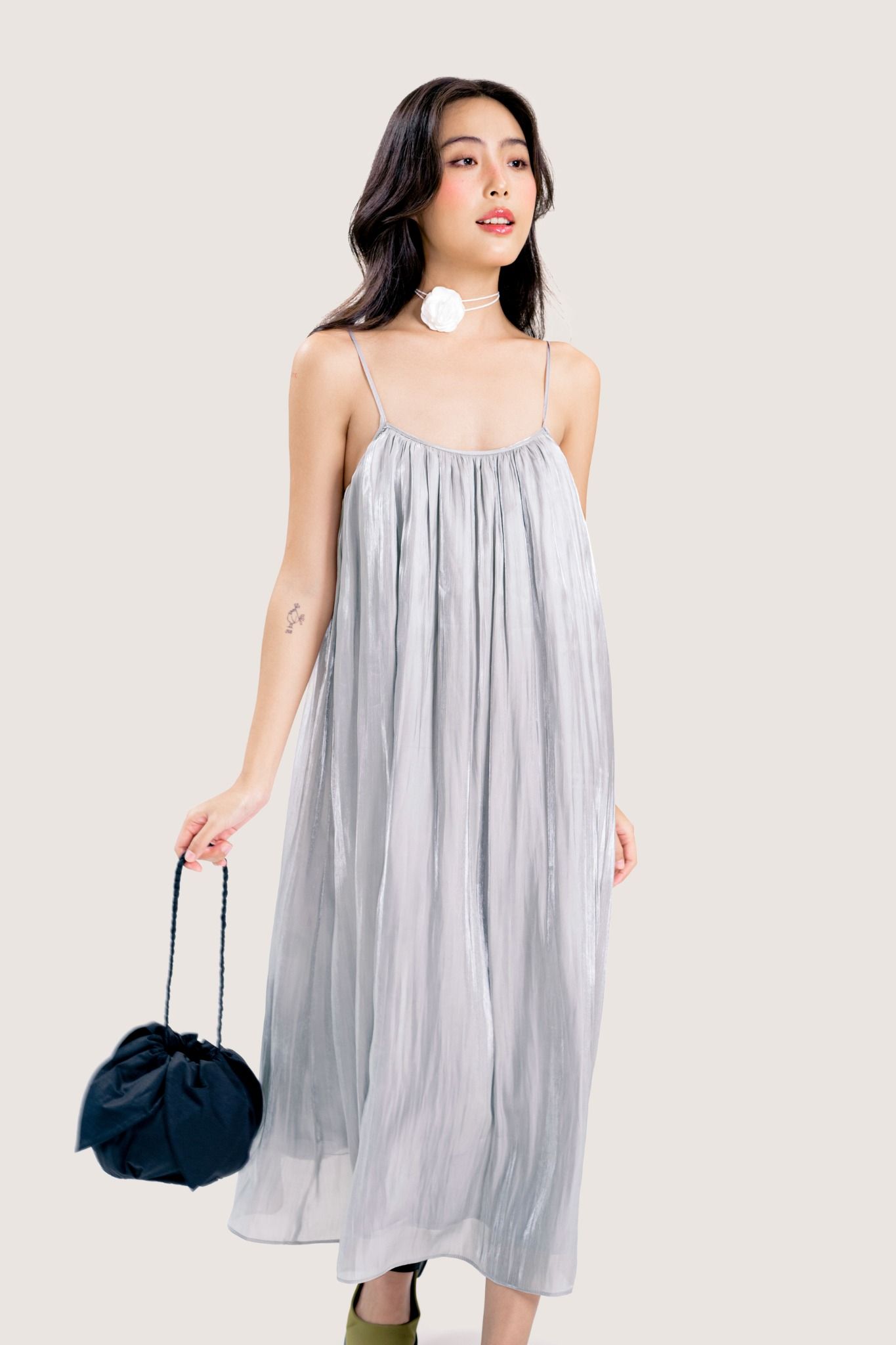  Silver Flowy Organza Strappy Midi Dress 