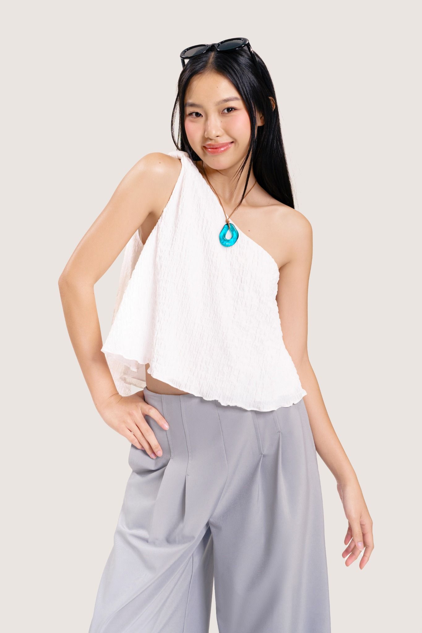  White Crepe One Shoulder Top 