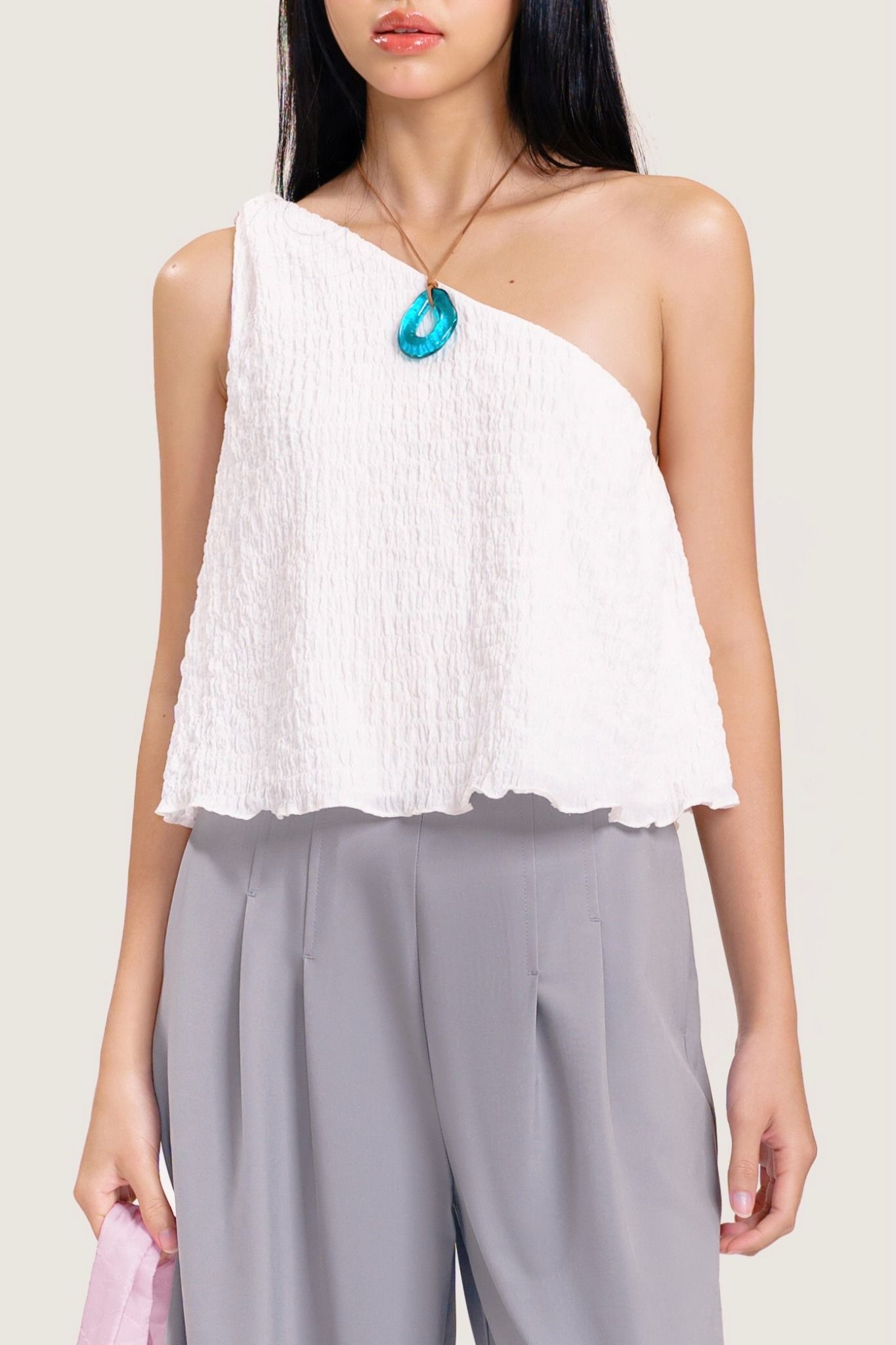 White Crepe One Shoulder Top 