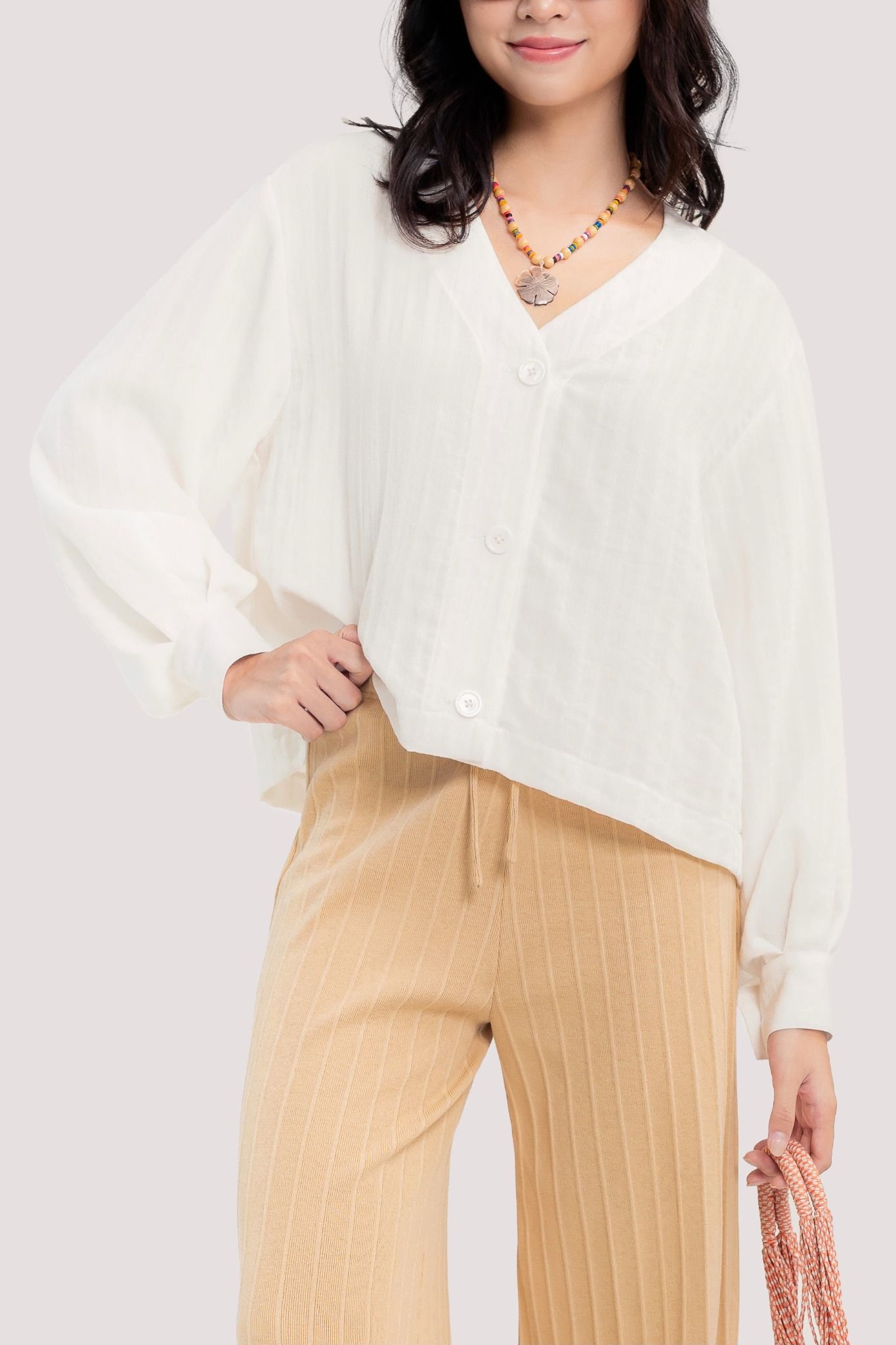  White Striped Pattern V-Neck Blouse 