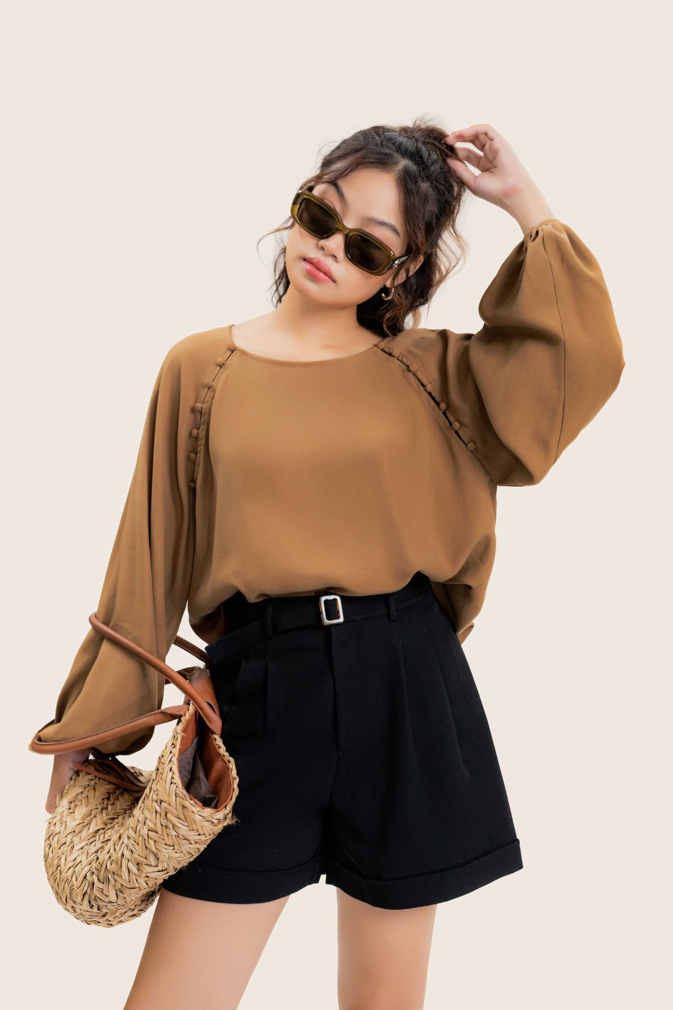  Brown Puff Sleeve Blouse With Buttons 