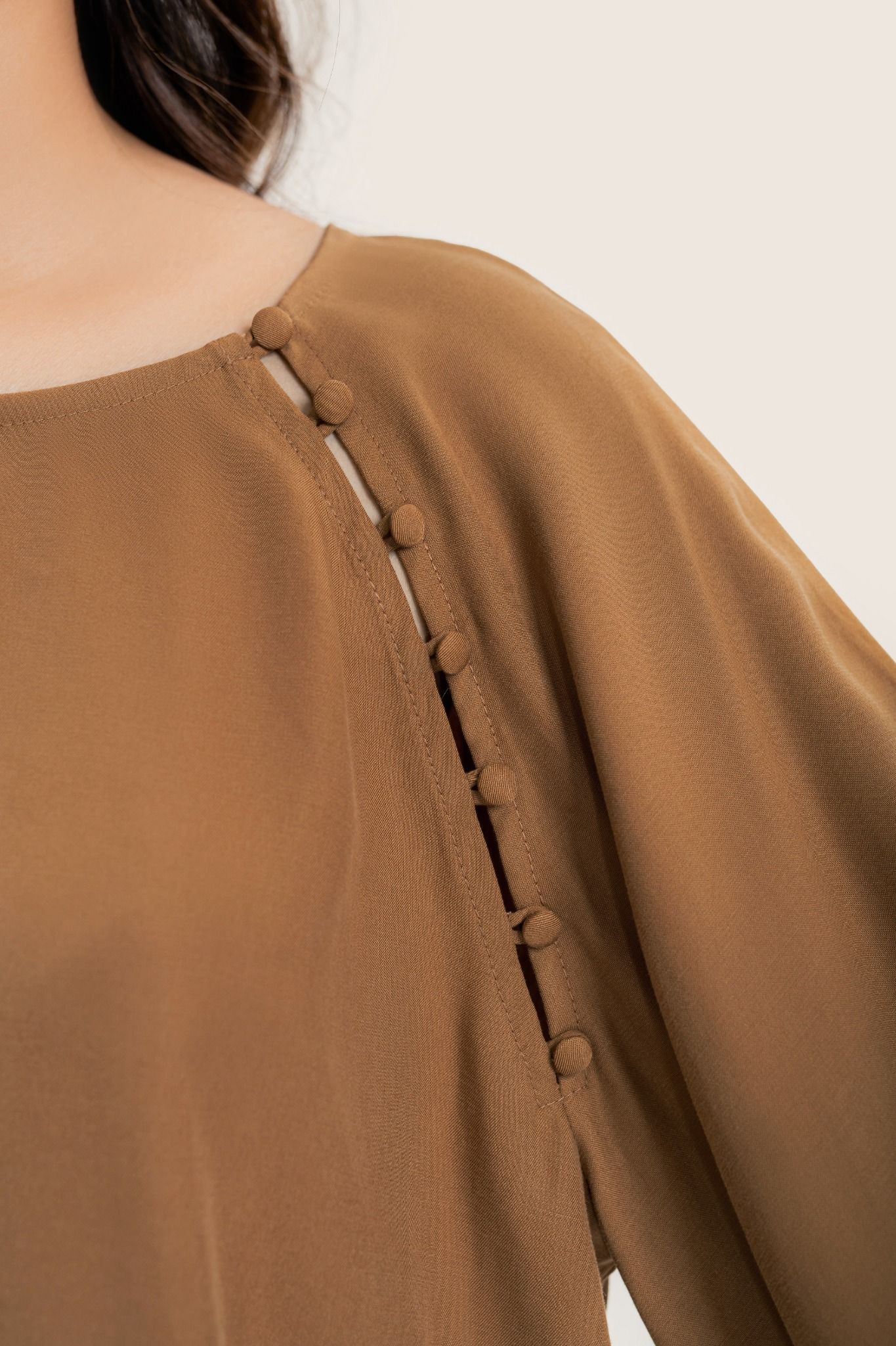  Brown Puff Sleeve Blouse With Buttons 