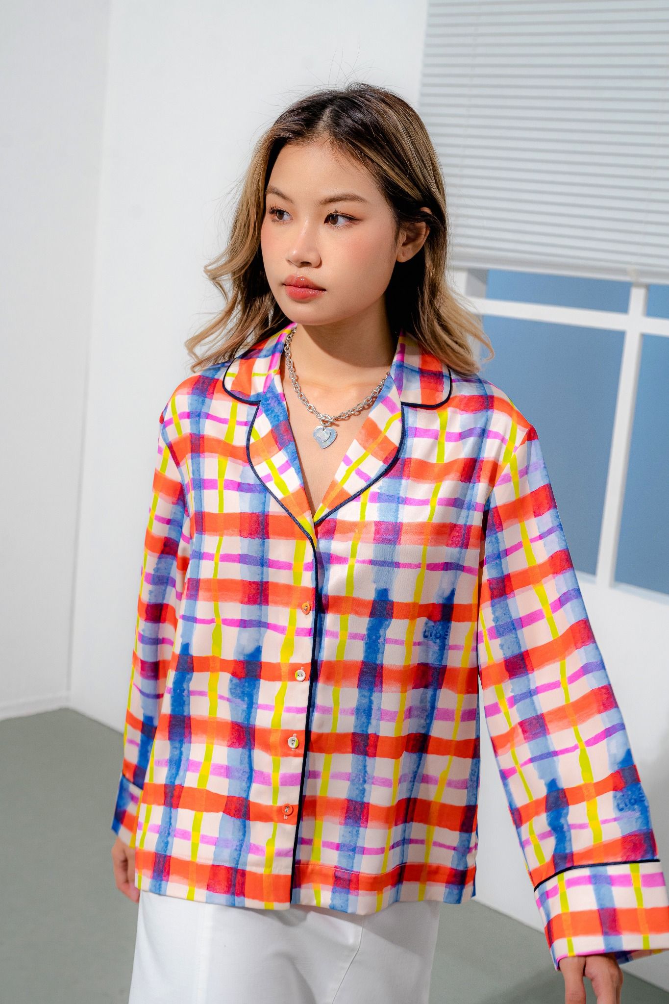 Checked Long Sleeve Silk Oversized Shirt