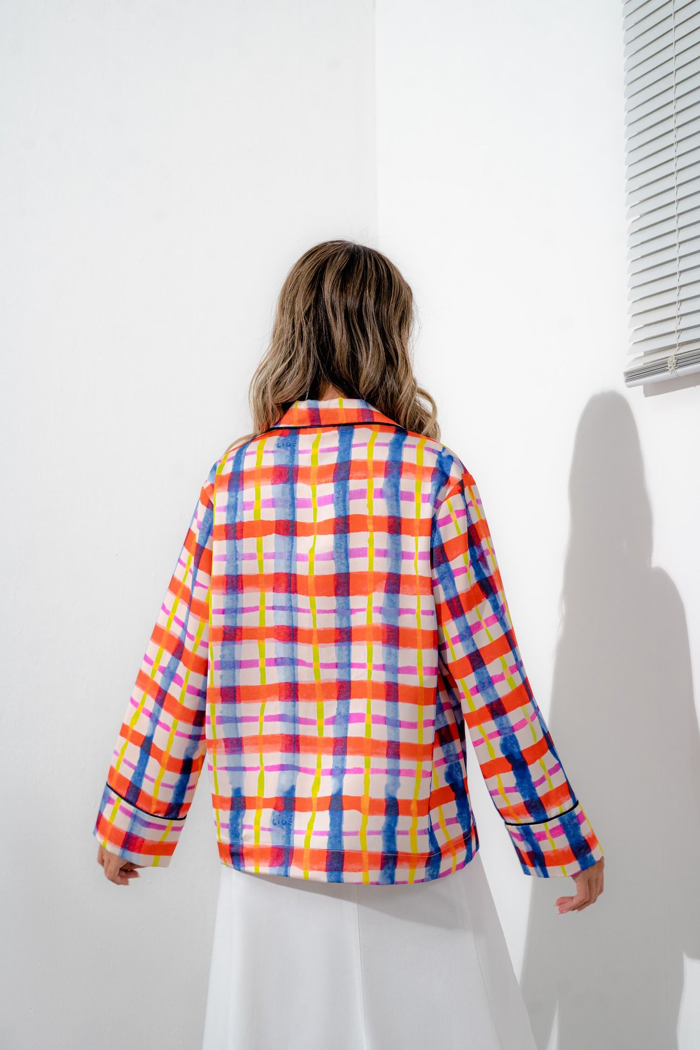  Checked Long Sleeve Silk Oversized Shirt 