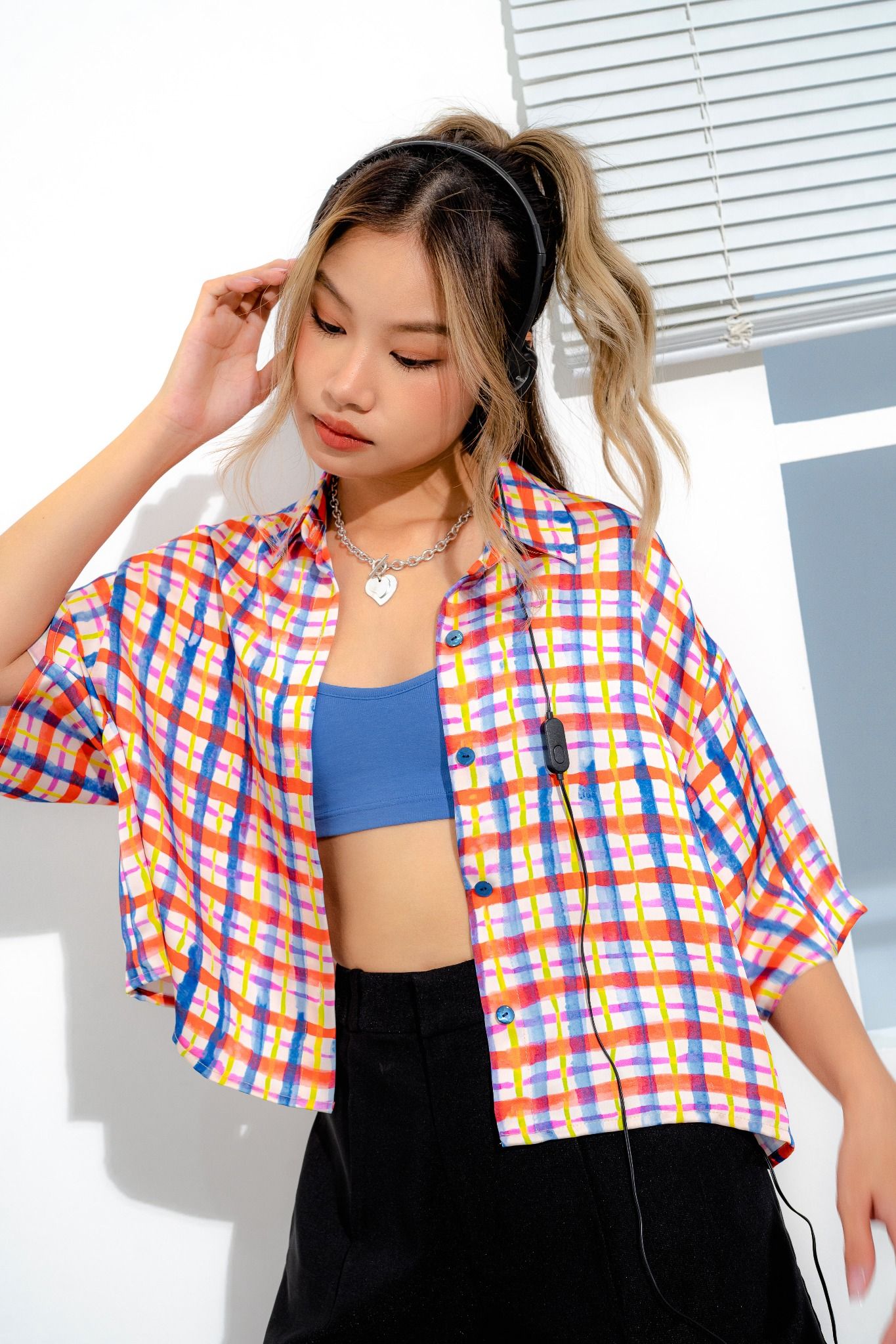  Checked Silk Crop Shirt 