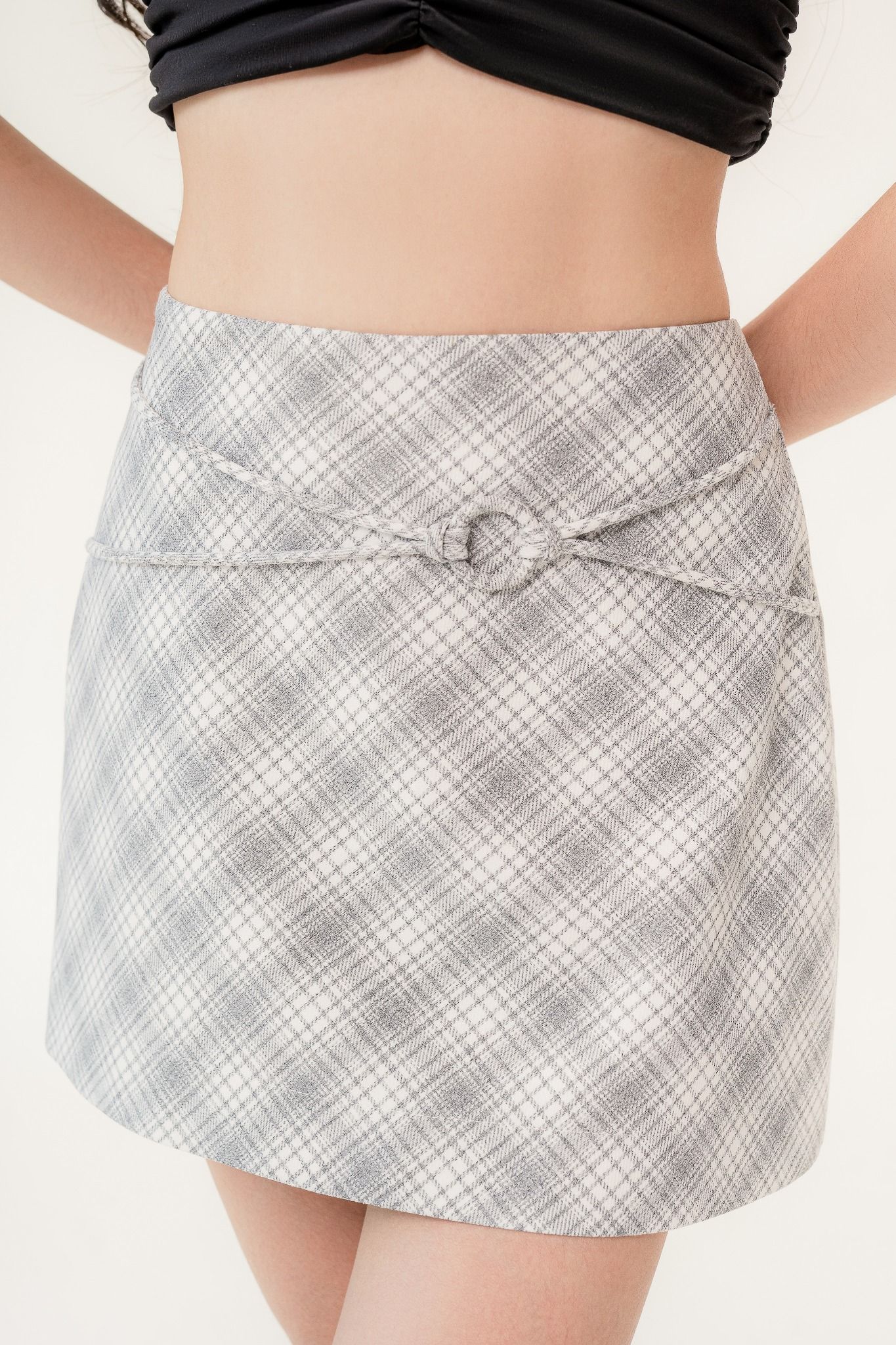  Khaki Checked Mini Skirt With Ring 