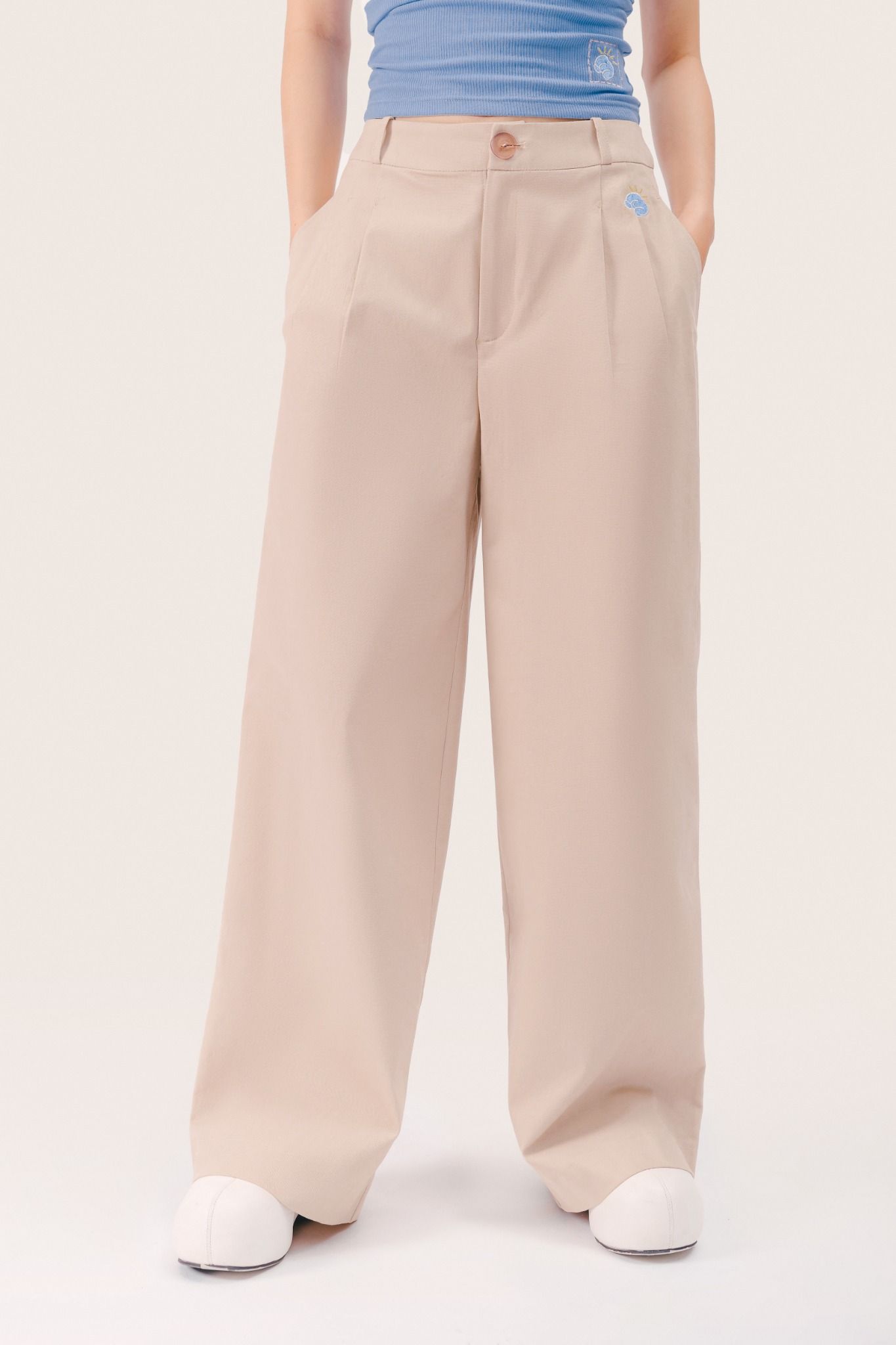  Beige Baggy Trousers With Embroidered Detail 