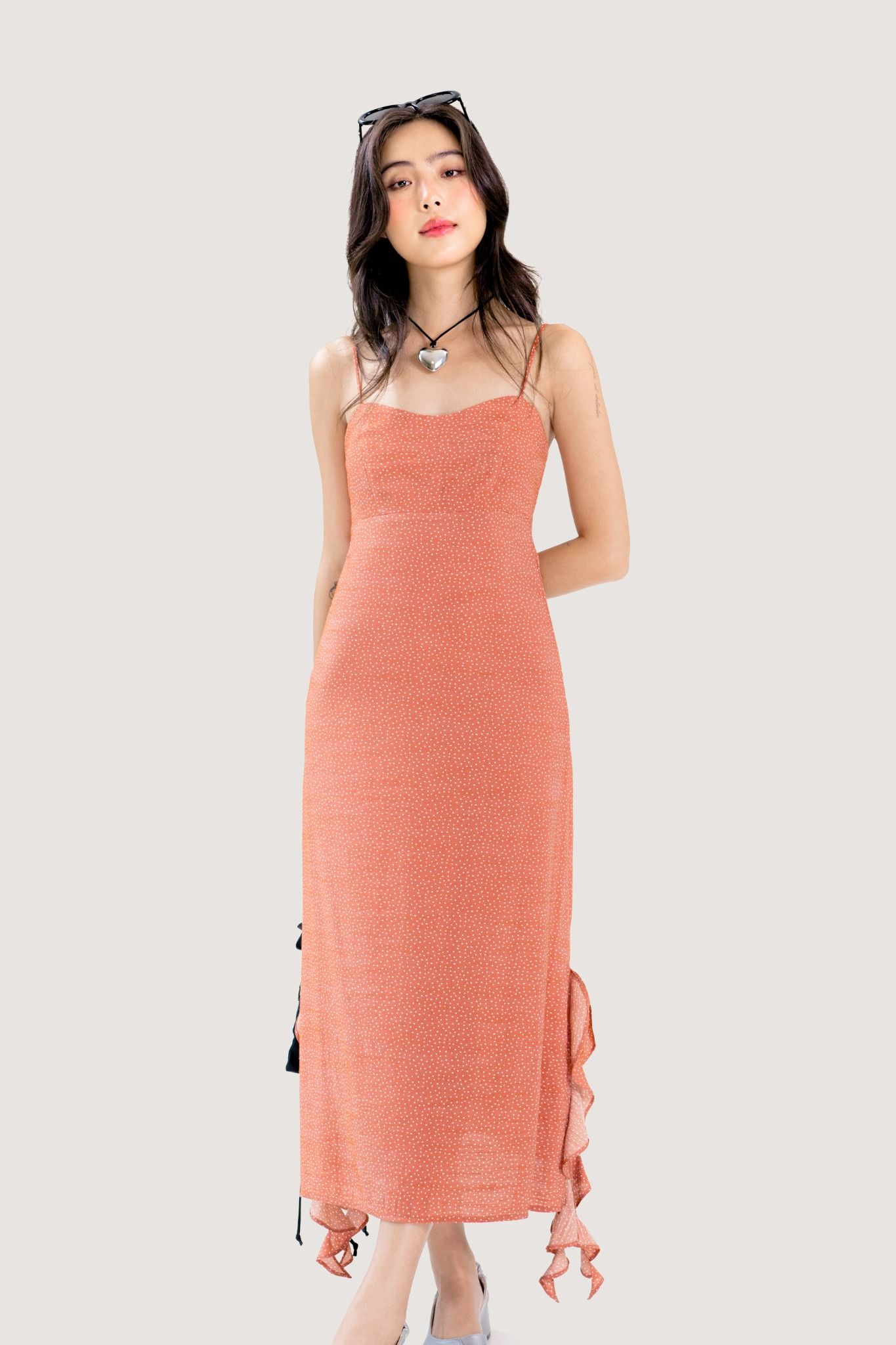  Salmon Orange Side Slit Midi Dress 