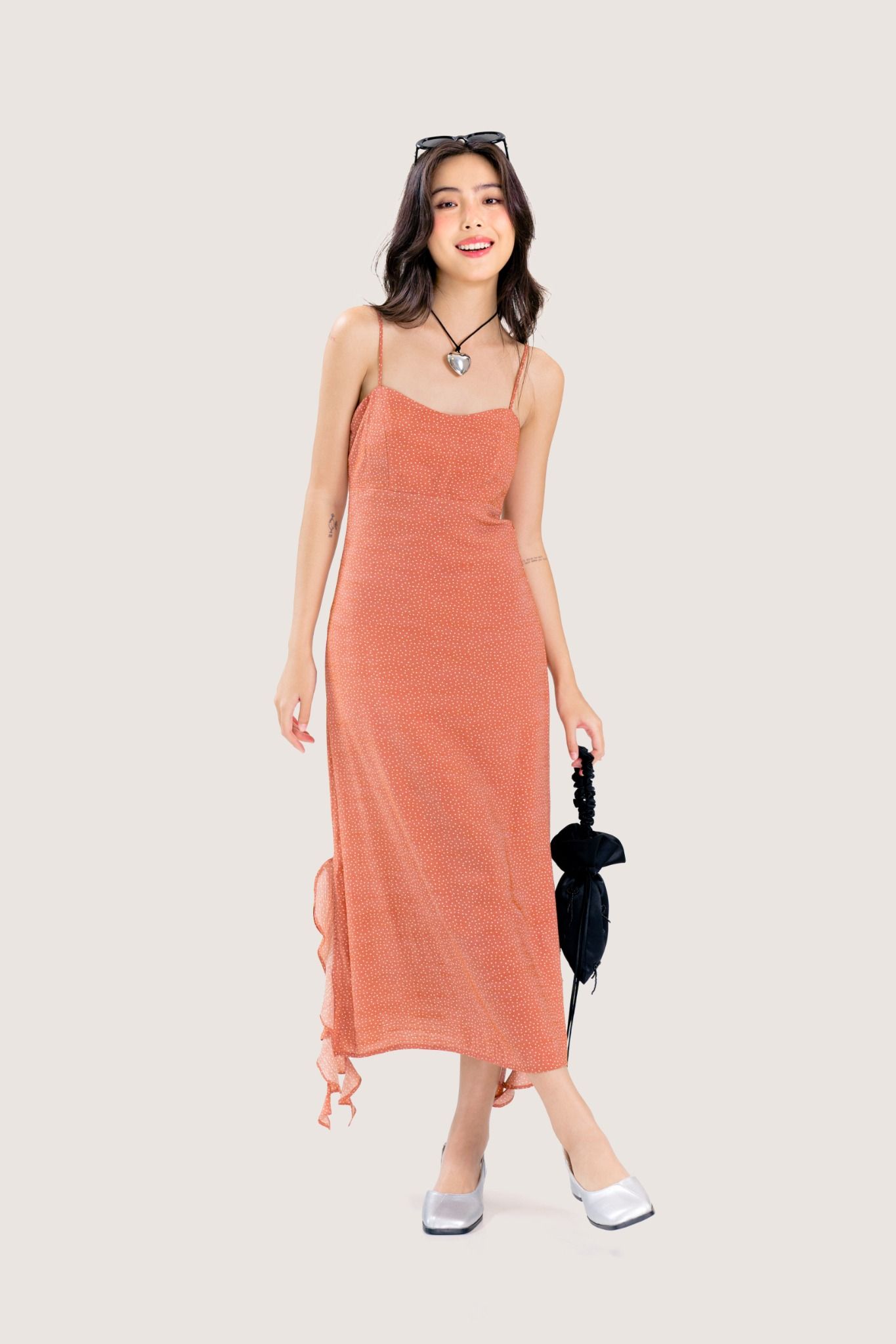  Salmon Orange Side Slit Midi Dress 