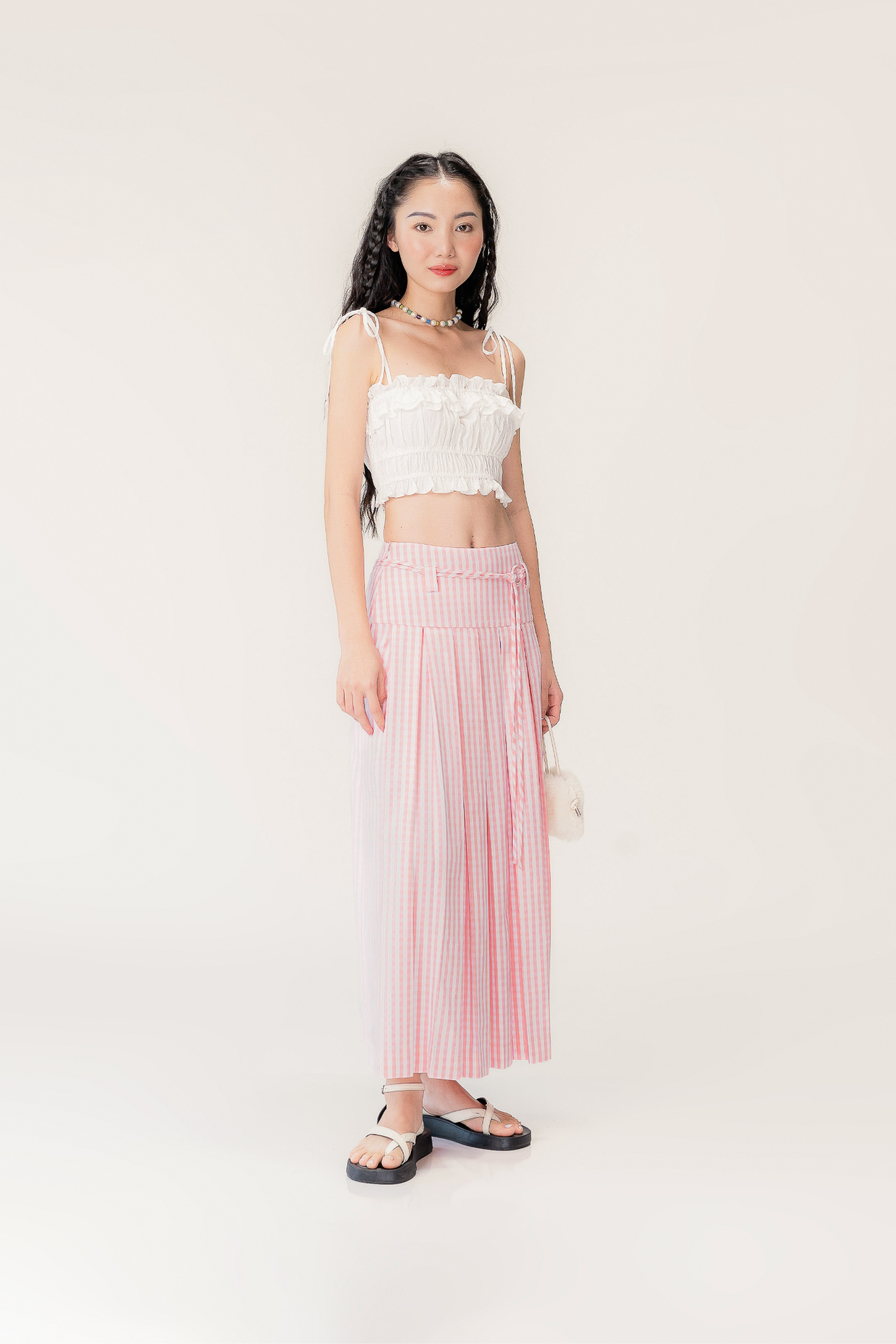  Pink Pleated Checked Midi Skirt 