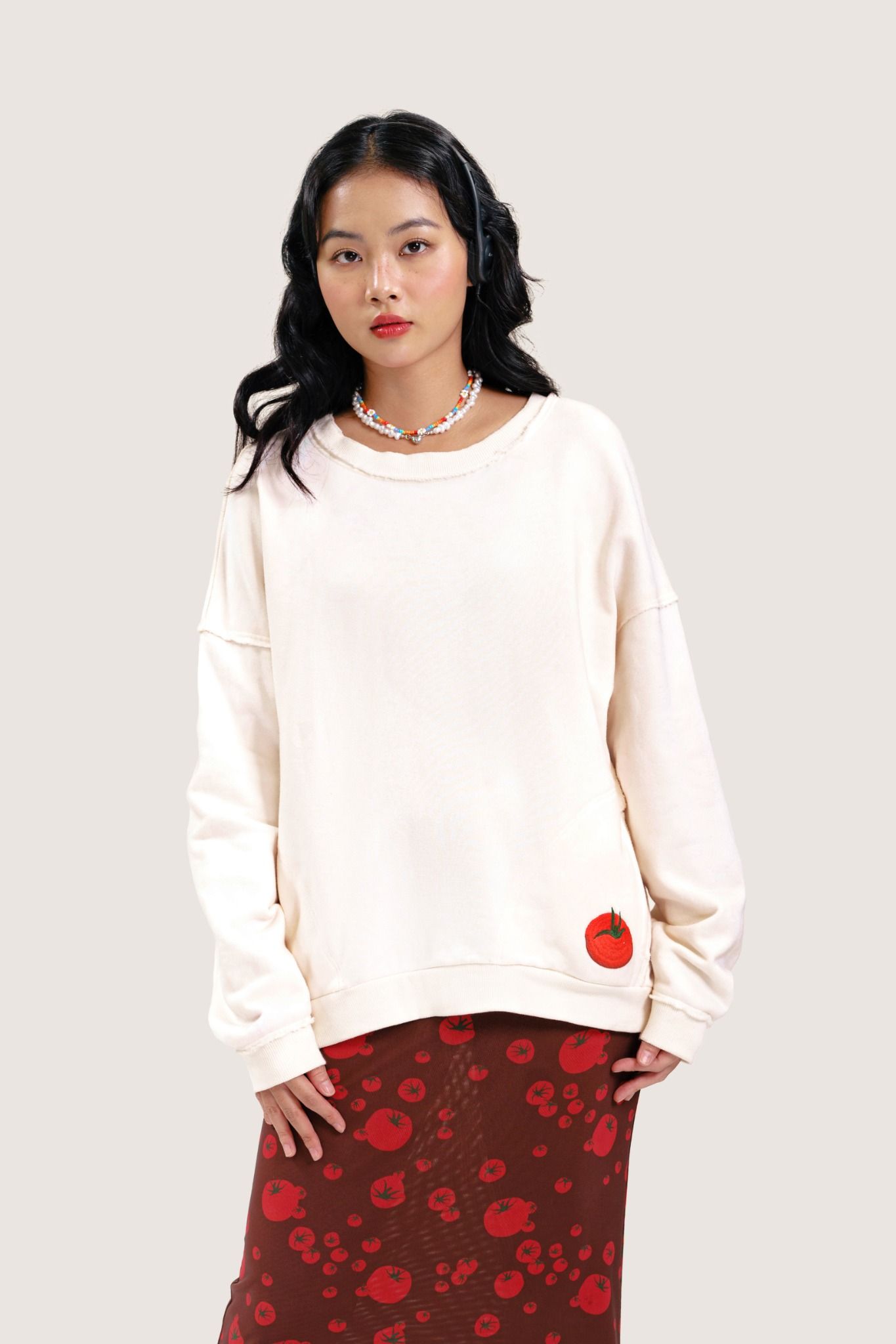  Organic Tomato Embroidered Oversized Sweater 