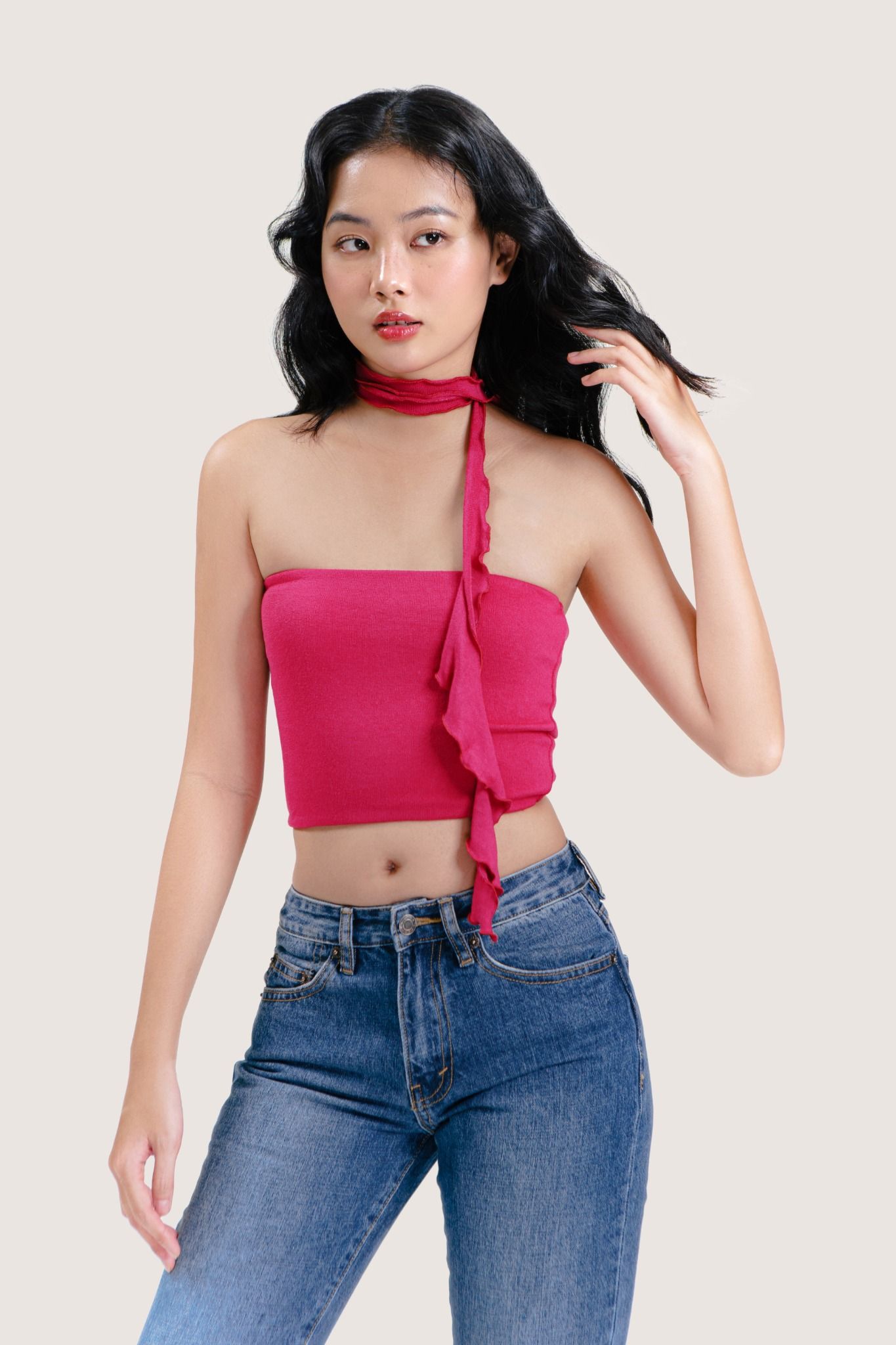  Plum Red Tube Top With Scarf 