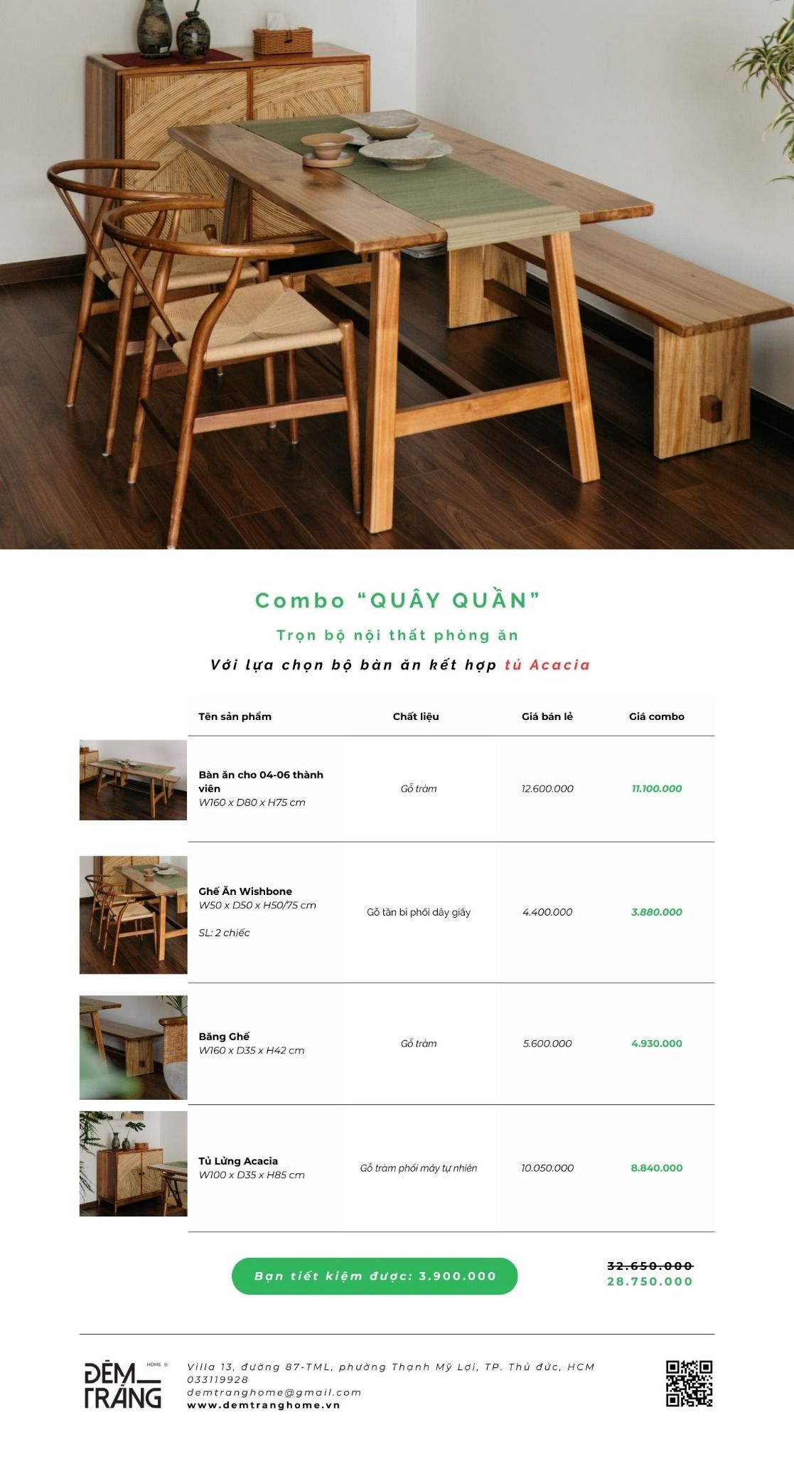 COMBO QUÂY QUẦN - TRỌN BỘ NỘI THẤT PHÒNG ĂN KẾT HỢP TỦ ACACIA