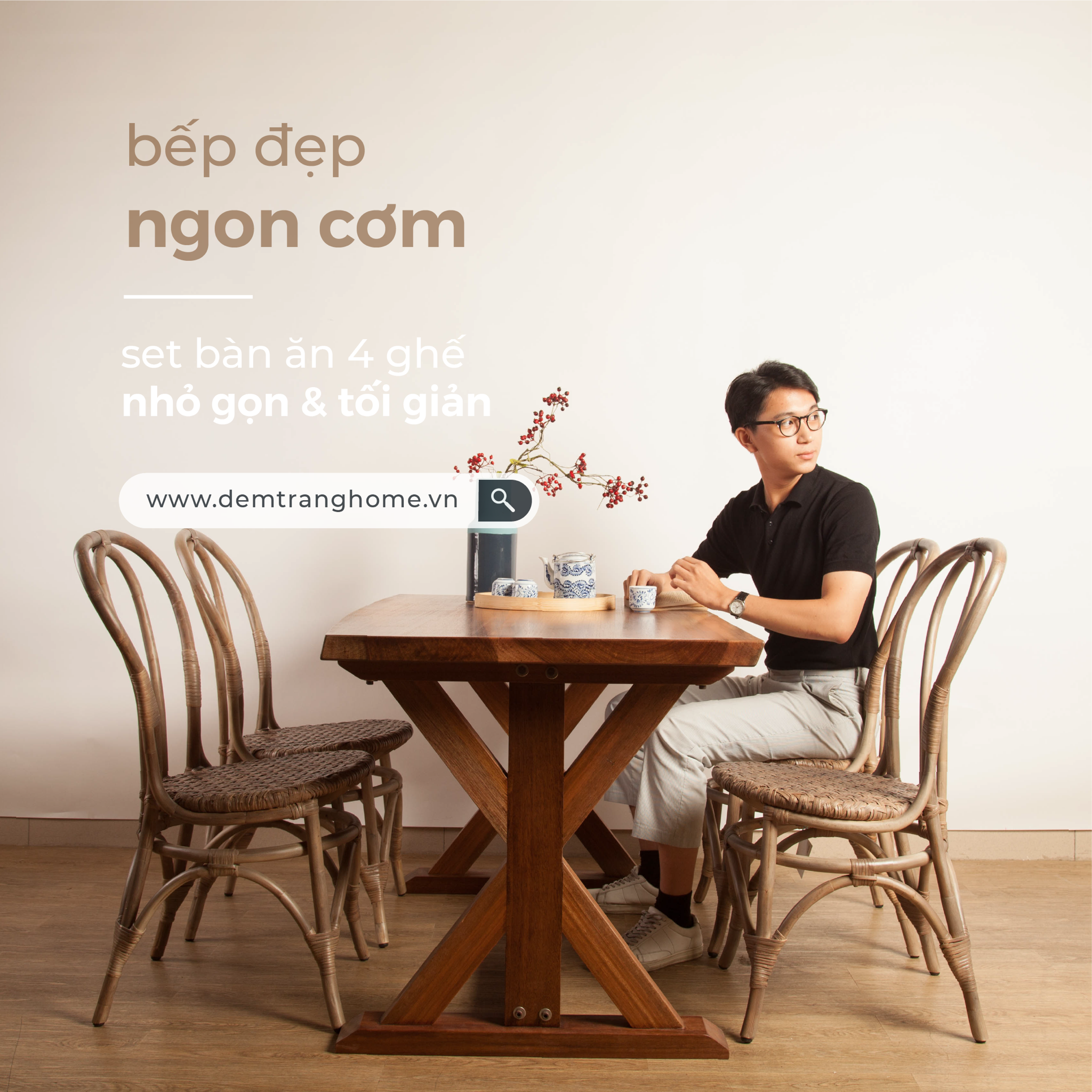 Bộ bàn ăn kèm 4 ghế mây tự nhiên CURVY