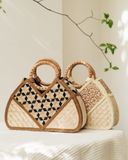  Túi vải họa tiết tre đan thủ công quai cầm gỗ kiểu dáng thanh lịch trang nhã - Mã sản phẩm HB03 