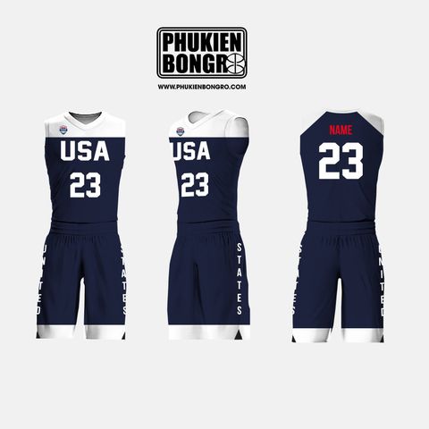  Đồng phục bóng rổ thiết kế USA xanh viền trắng 
