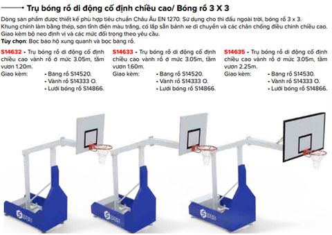  Trụ bóng rổ di động cố định chiều cao/ bóng rổ 3x3 