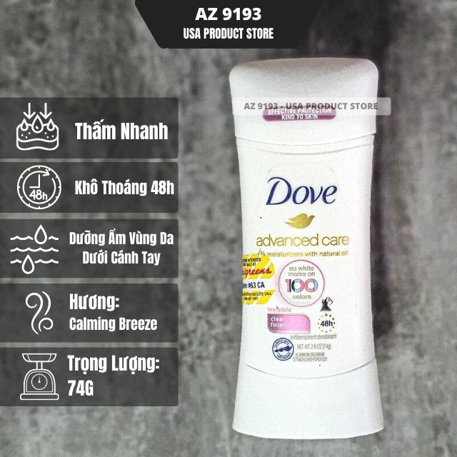 Lăn Khử Mùi Dove Advanced Care CLEAR FINISH - Sáp Trắng 74g