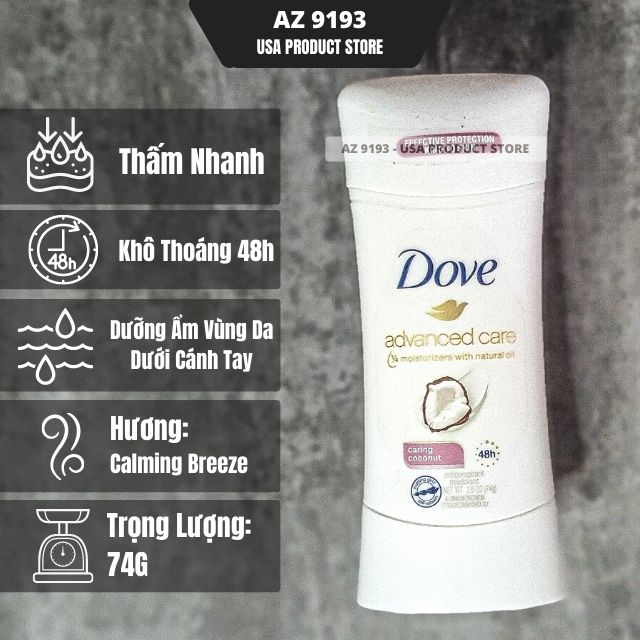 Lăn Khử Mùi Dove Advanced Care CARING COCONUT - Sáp Trắng 74g