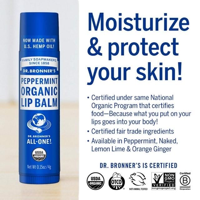 Son Dưỡng Môi Hữu Cơ Dr Bronner's Organic Lip Balm PEPPERMINT 4g