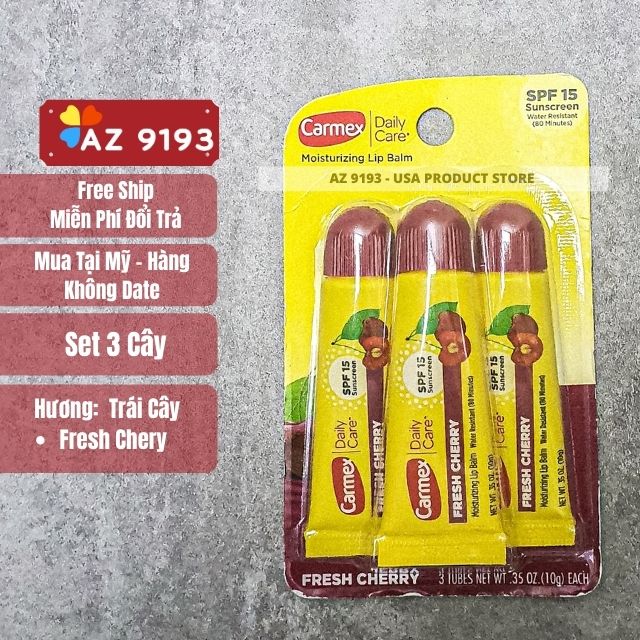 Son Dưỡng Môi Carmex FRESH CHERRY Spf 15, 10g/ tuýp, DạngTuýp, Set 3 - Hàng Mỹ