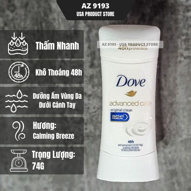 Lăn Khử Mùi Dove Advanced Care ORIGINAL CLEAN - Sáp Trắng 74g