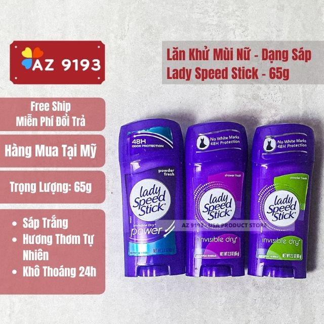 Lăn Khử Mùi Nữ Lady Speed Stick Powder Fresh 65g, Sáp Trắng, Bảng Power - Hàng Mỹ