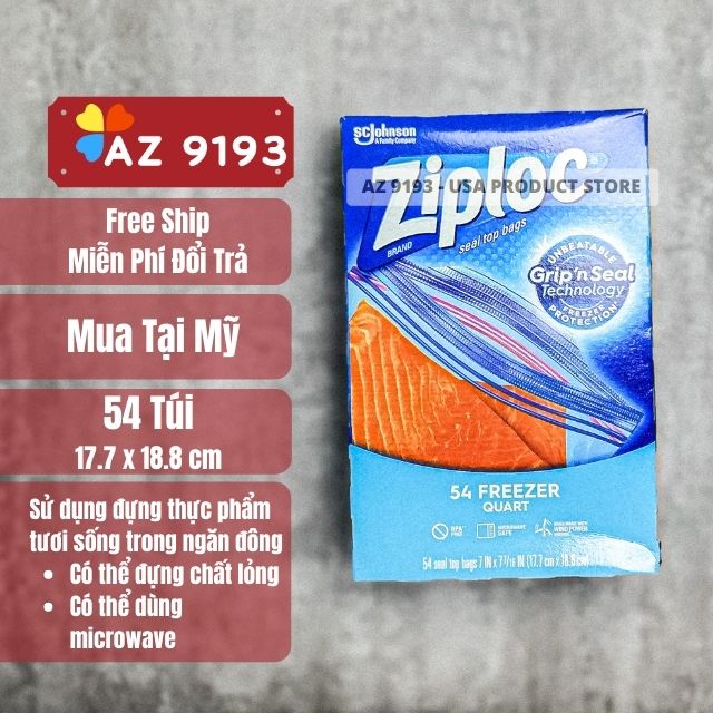 Túi Thực Phẩm Ziploc FREEZER, 54 túi, Kích thước 17.7cm x 18.8cm - Hàng Mỹ
