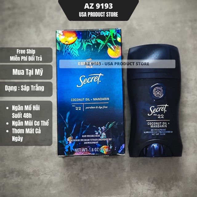 Lăn Khử Mùi Secret with Essential Oils COCONUT OILS & MANDARIN - Sáp Trắng 45g
