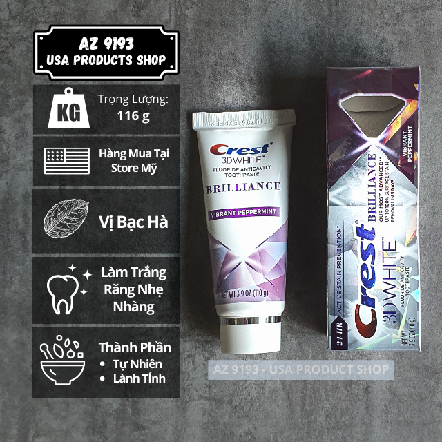 Kem Đánh Răng Trắng Răng Crest 3D White BRILLIANCE hương Vibrant Peppermint 110g