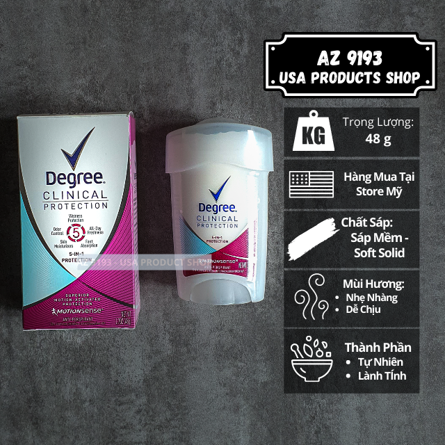 Lăn Khử Mùi Nữ Degree CLINICAL 5 in 1 PROTECTION - Sáp Trắng Mềm 48g