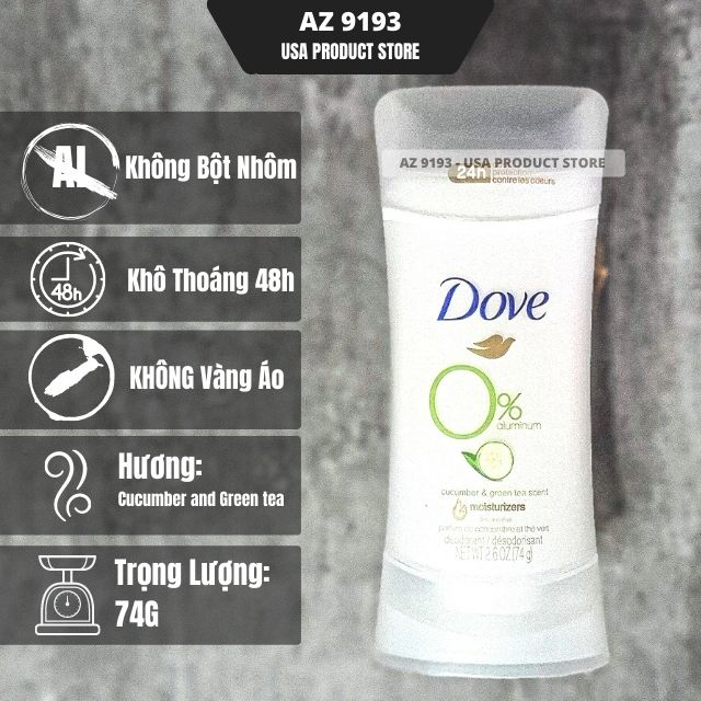 Lăn Khử Mùi Dove Aluminum Free CUCUMBER & GREEN TEA - Sáp Trắng 74g
