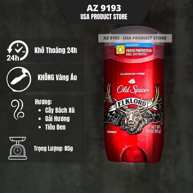 Lăn Khử Mùi Nam Old Spice Aluminum Free ELKLORD - Sáp Xanh 85g