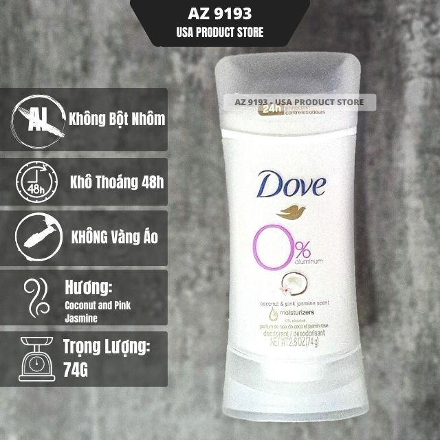 Lăn Khử Mùi Dove Aluminum Free COCONUT & PINK JASMINE - Sáp Trắng 74g