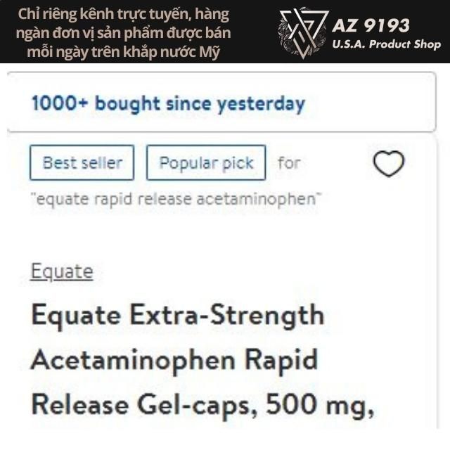Viên Mềm Giảm Đau EQUATE Extra Strength Acetaminophen, 500 mg, Hủ 100 Viên
