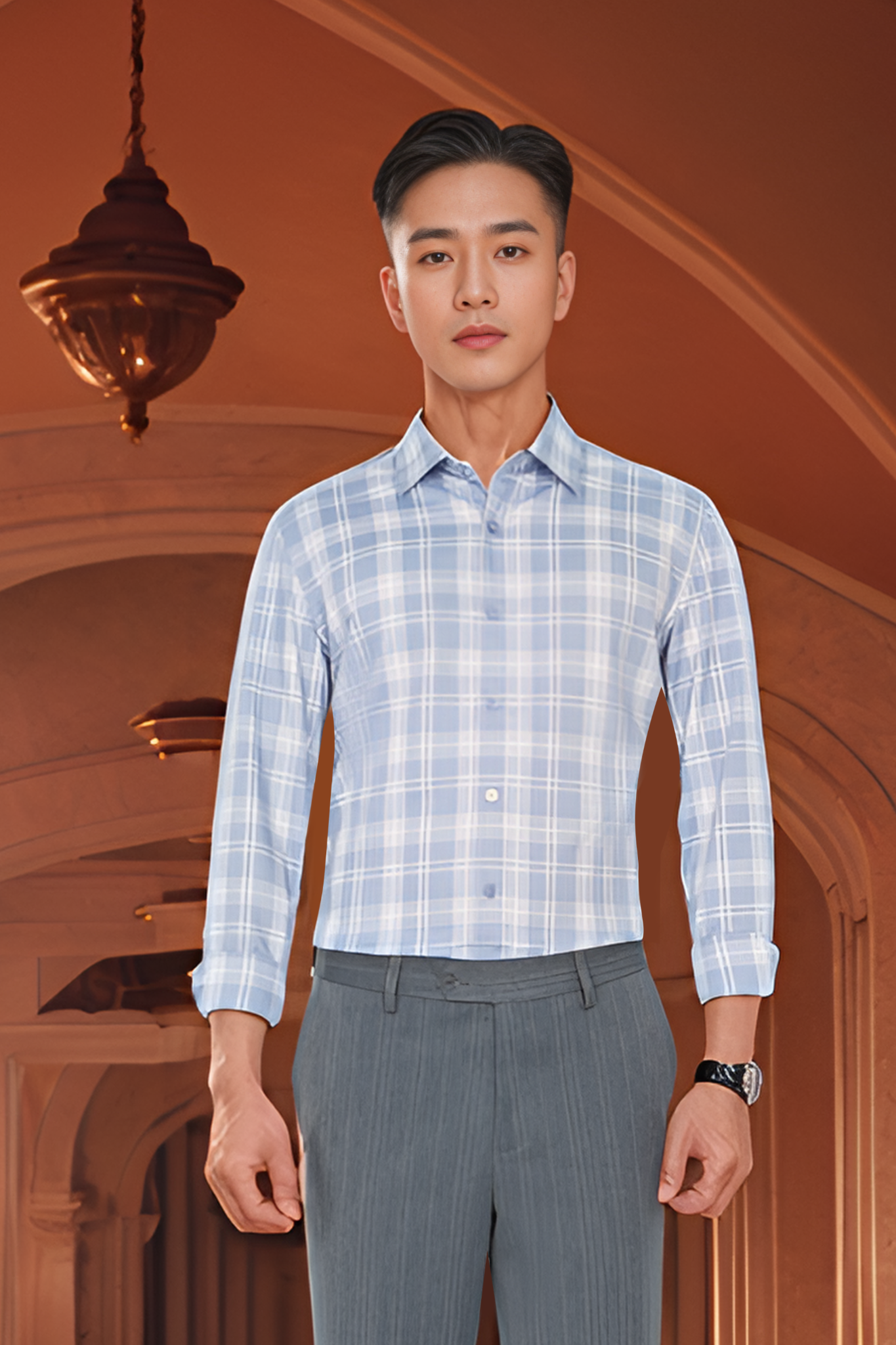 Áo sơ mi nam dài tay form body kẻ caro Tezo - 24SMDC028