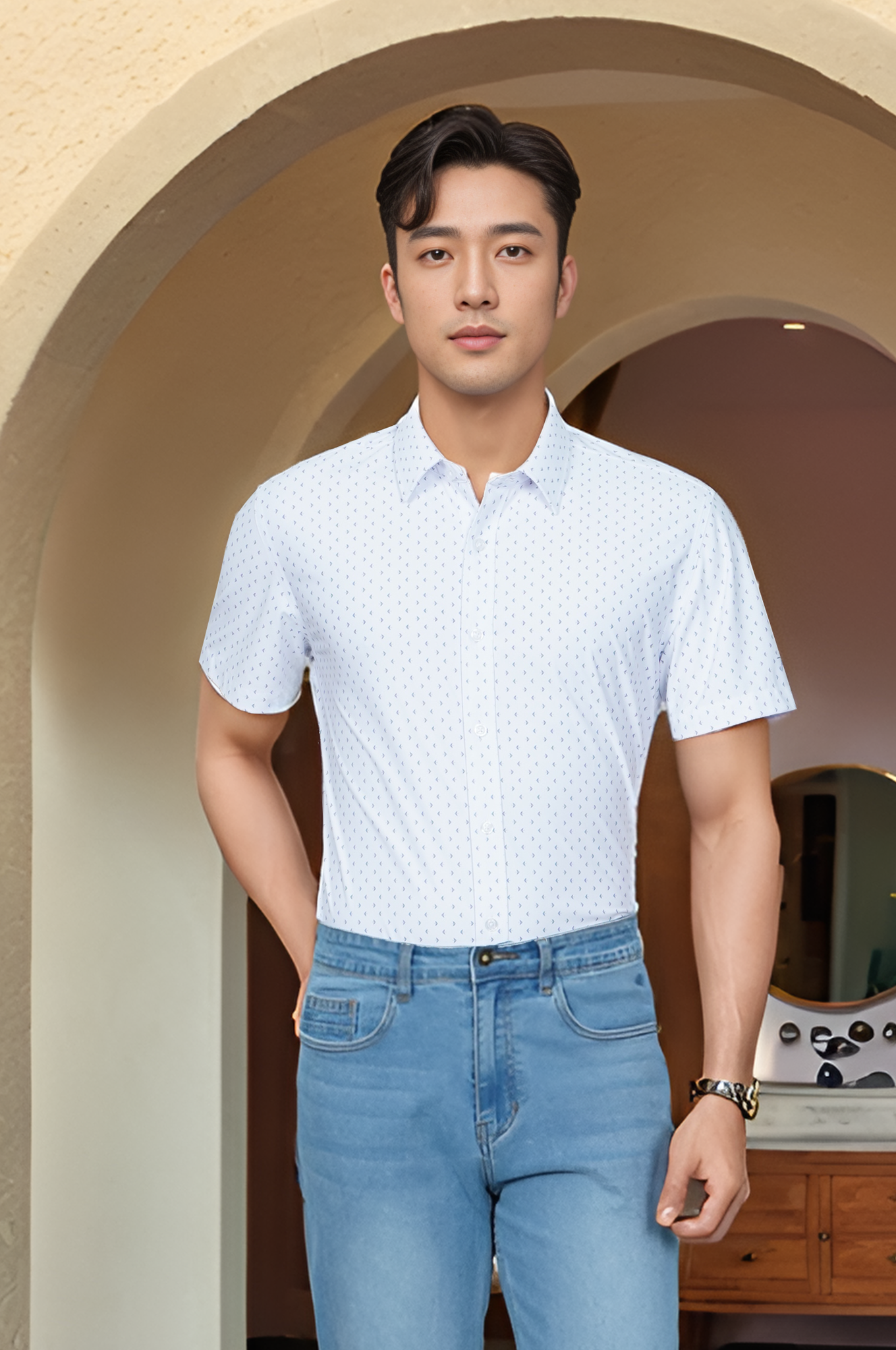 Áo sơ mi cộc tay nam Knit chống nhăn họa tiết, slimfit Tezo - 25SMCH018