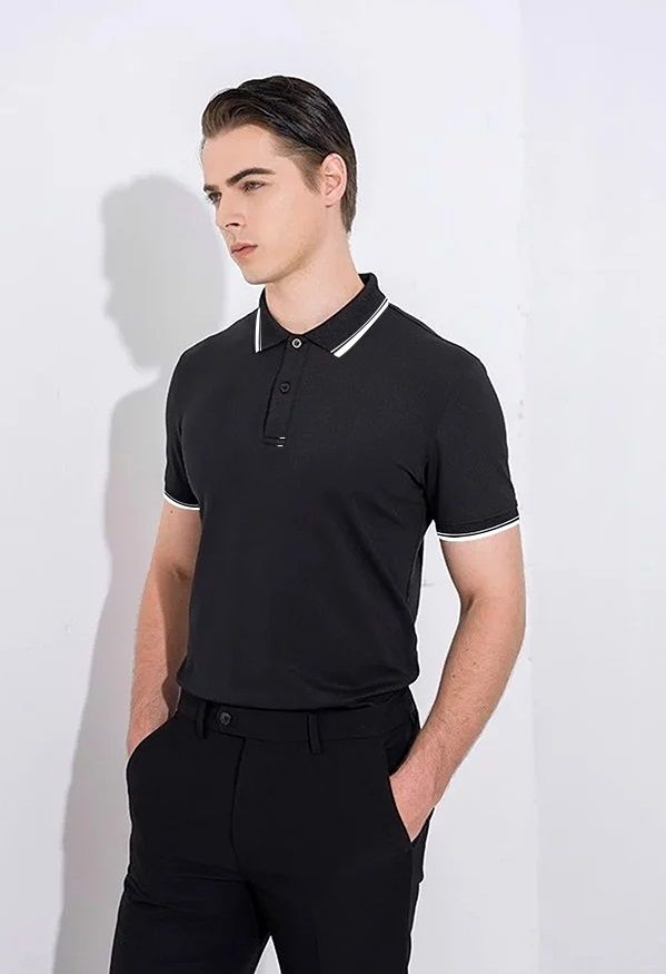 Áo polo nam đen thêu cổ phối - 2104APCT07DEN