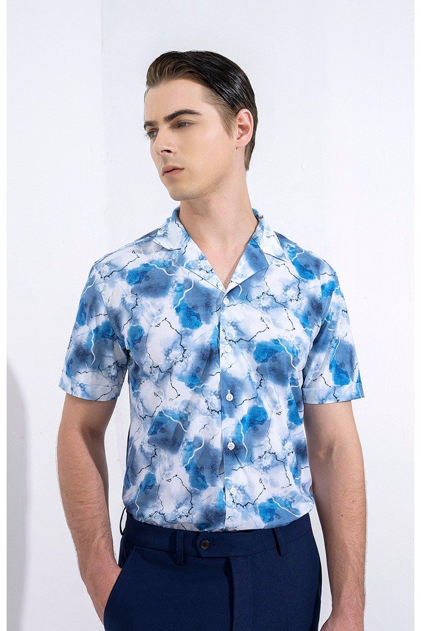 Áo sơ mi họa tiết, (Xanh) - 4SMCH002XAH