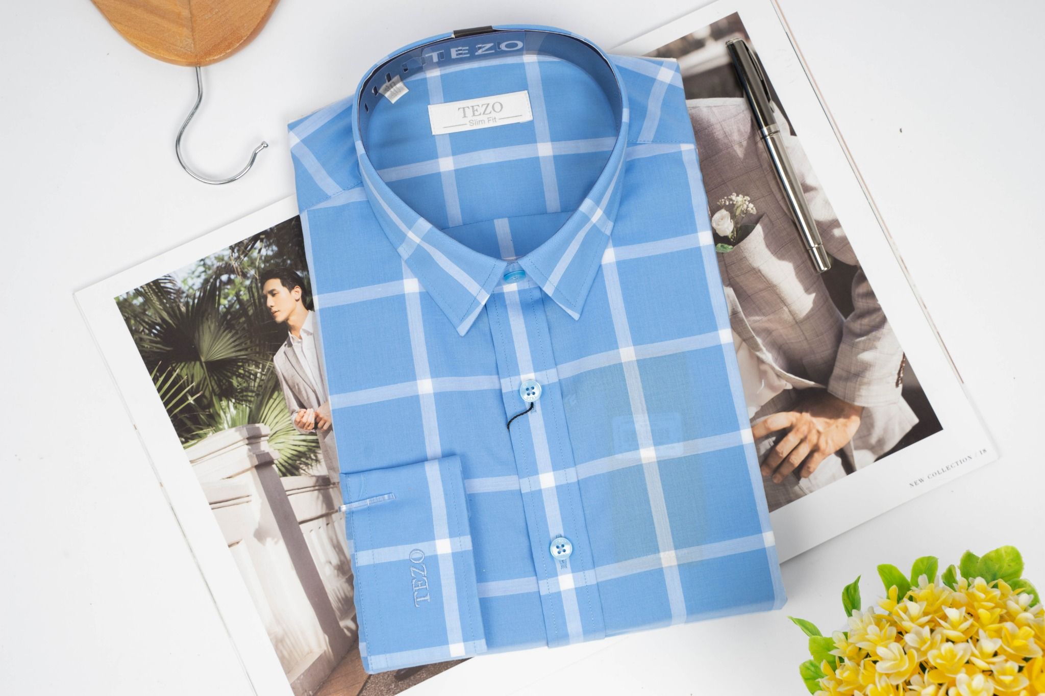 Áo sơ mi dài tay caro Slim fit xanh nhạt - 2011SMDC14XNH