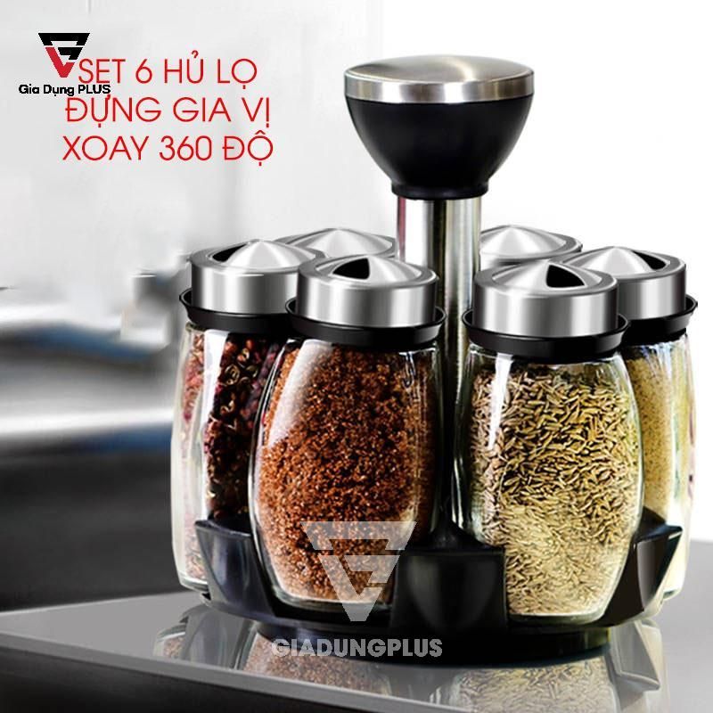 Bộ 6 Lọ Thuỷ Tinh Đựng Gia Vị Đa Năng & Giá Đựng Có Thể Xoay 360 Độ | Jianxia