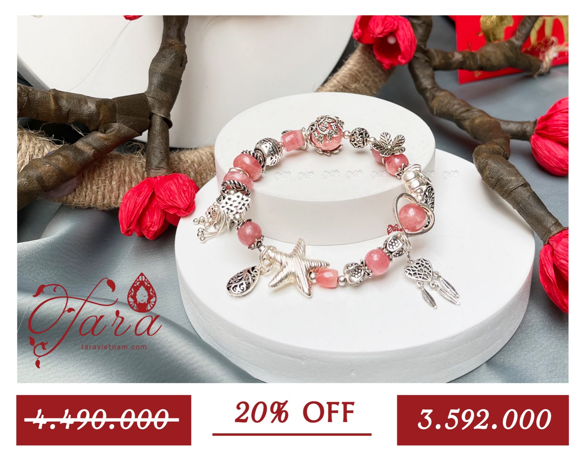A-SALE - Vòng tay đá Đào Hoa mix Charm bạc nữ tính