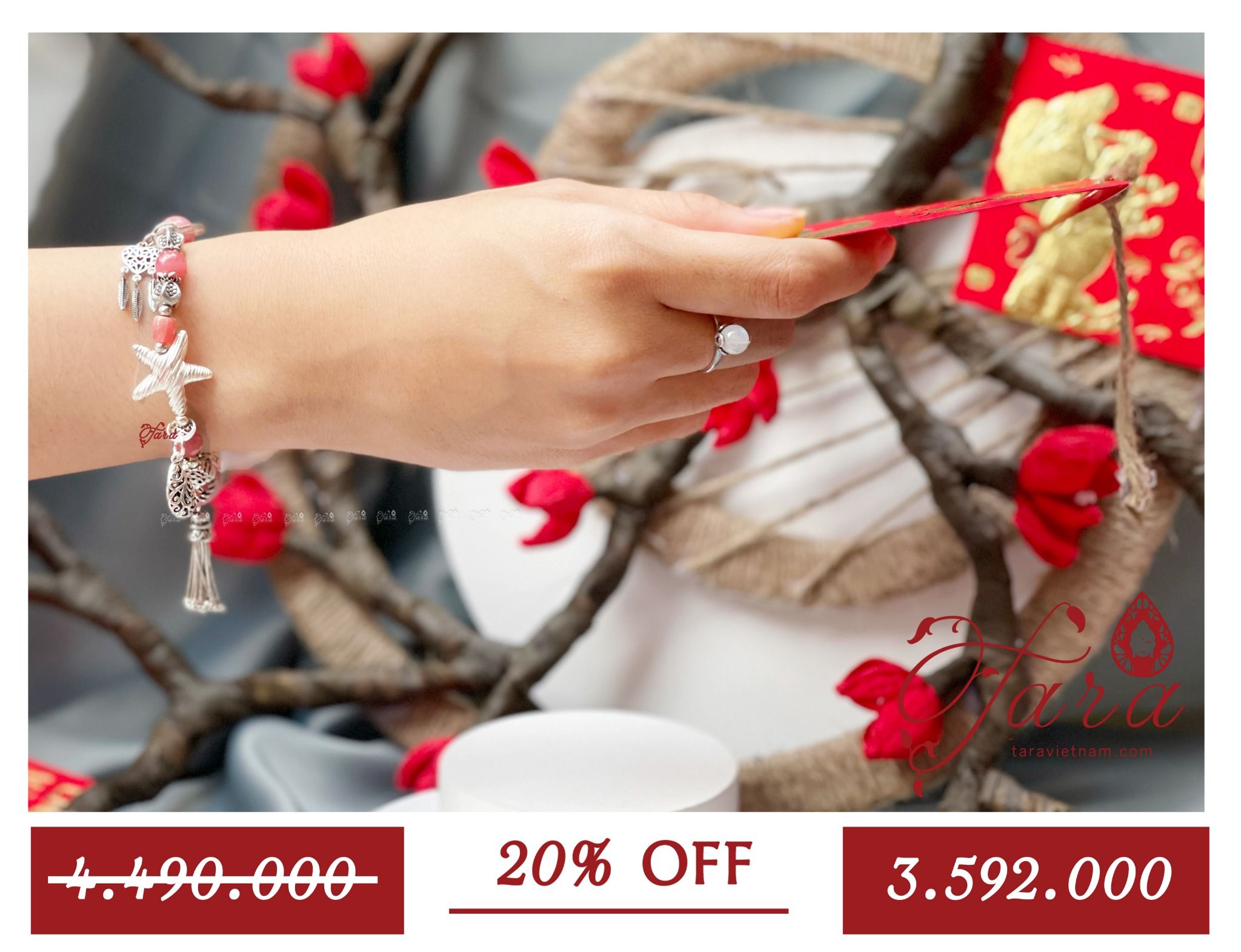 A-SALE - Vòng tay đá Đào Hoa mix Charm bạc nữ tính