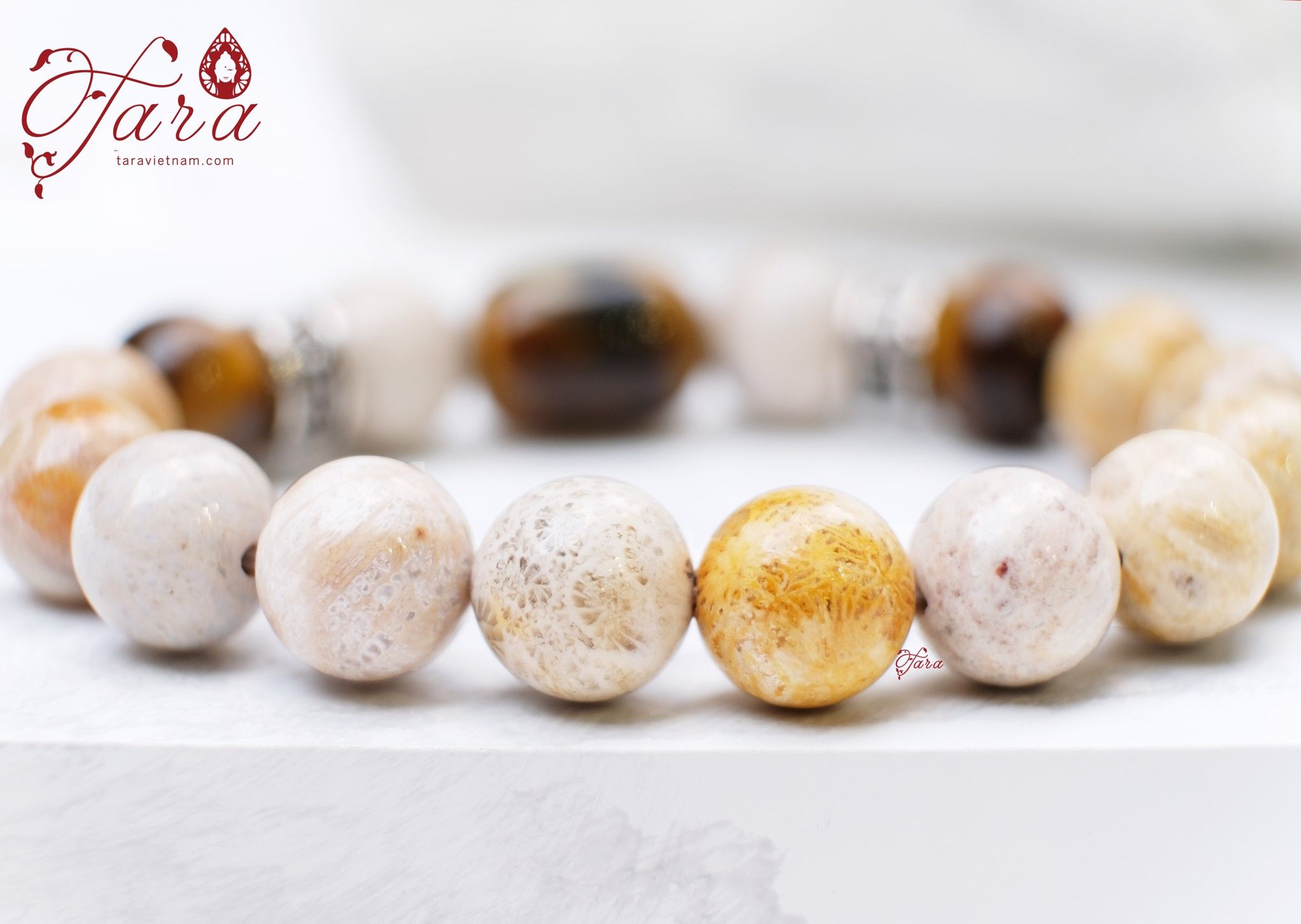 Vòng Nam San Hô Hoá Thạch vân Hoa Cúc mix đá Mắt Hổ vàng nâu cá tính