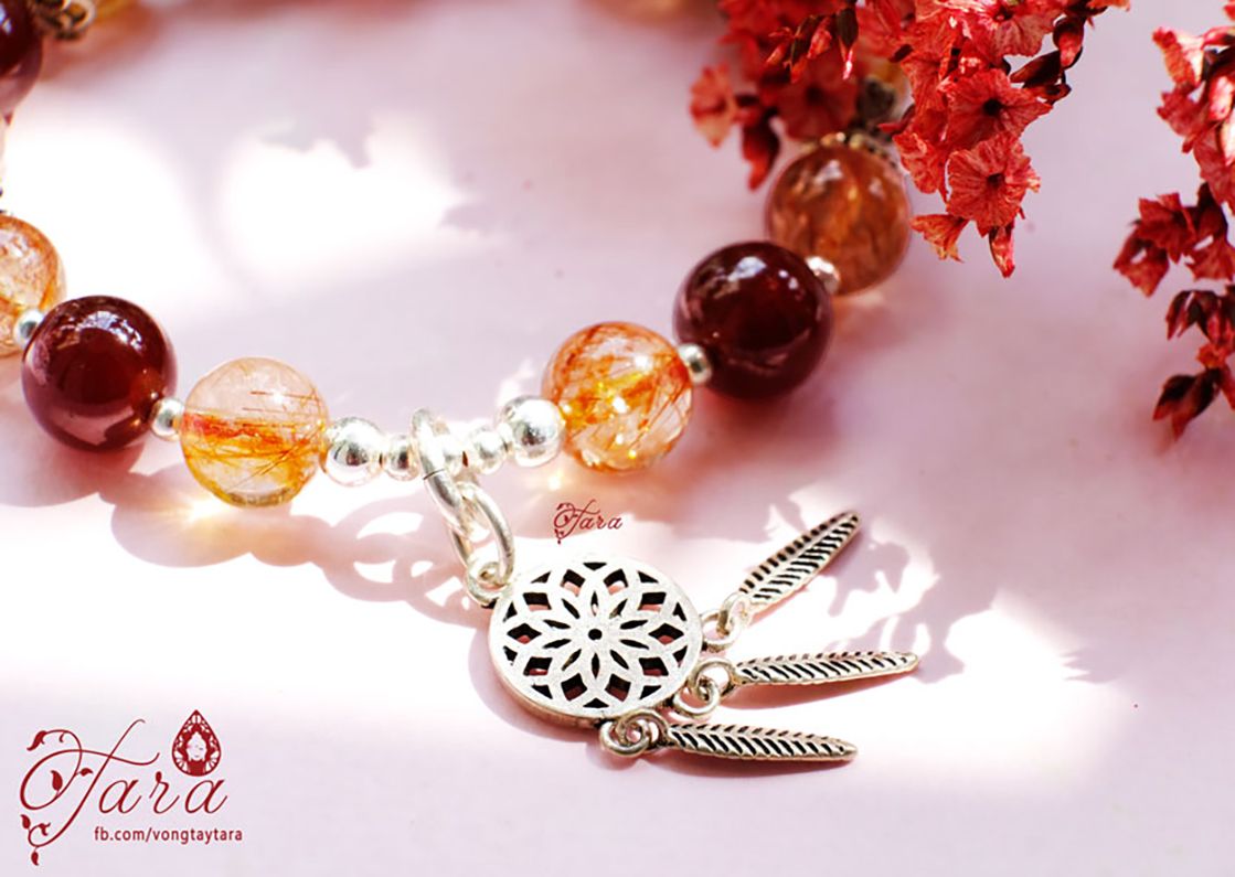 Vòng tay Thạch Anh Tóc Đỏ mix Garnet và Charm Bạc 925
