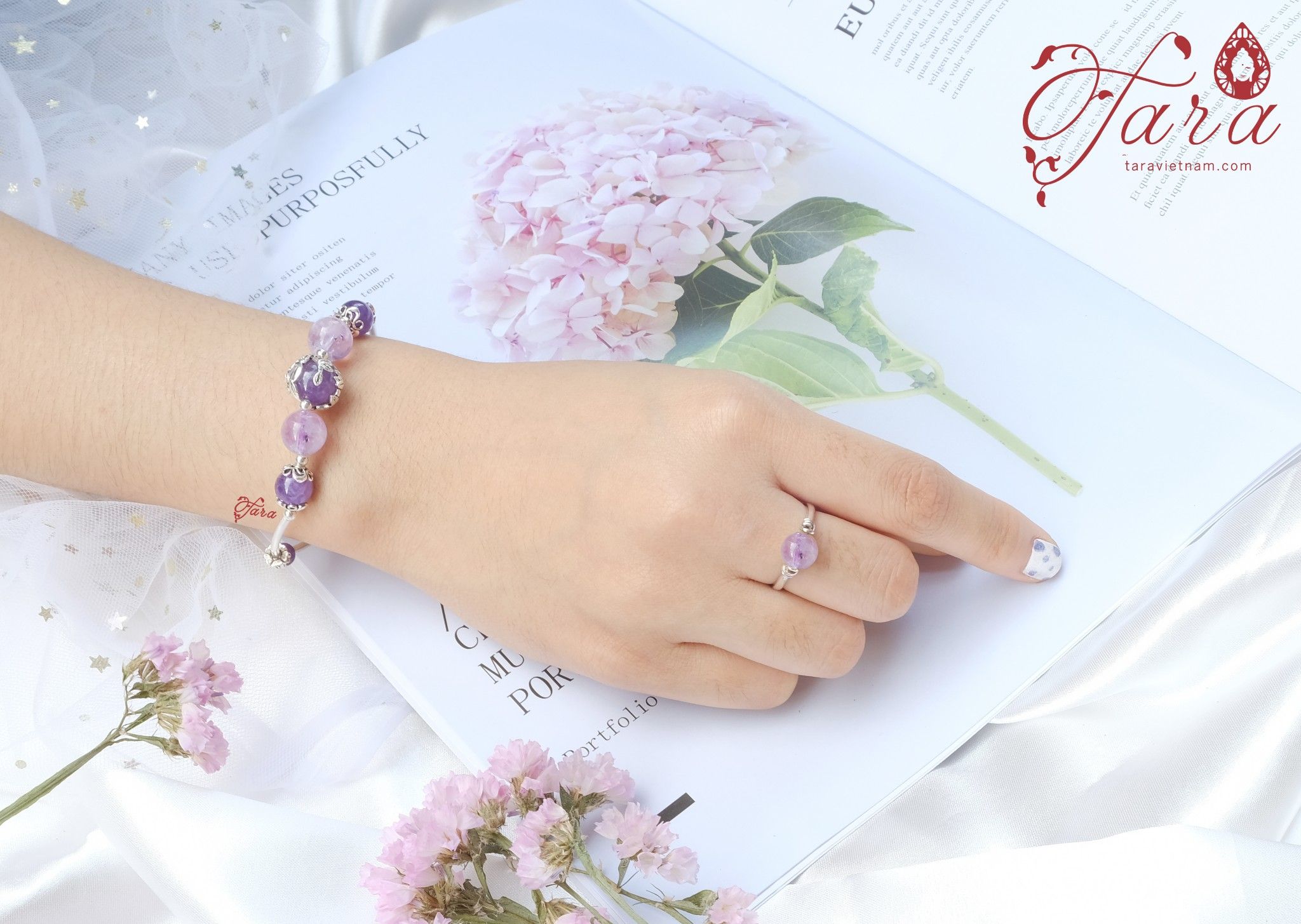 Kiềng bạc mix thạch anh tím đậm và nhạt cao cấp