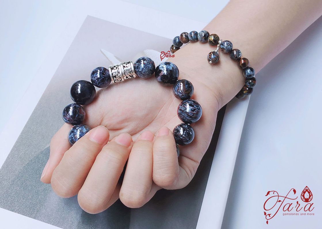 Set vòng đôi đá Mắt Bão mix Charm Bạc Thái 925