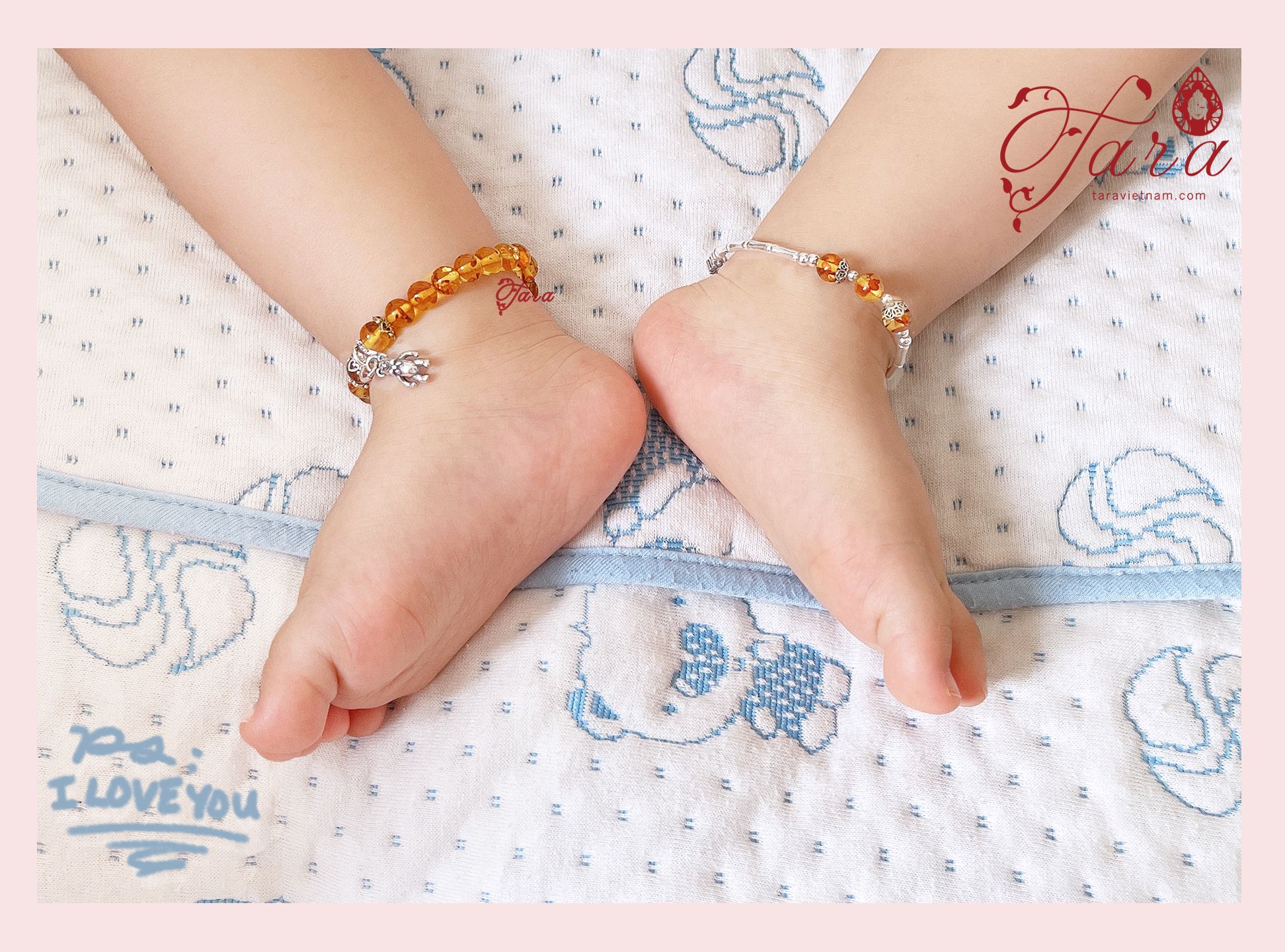 A014 - Vòng Hổ Phách mix Charm Bạc gấu Teddy xinh xắn cho bé